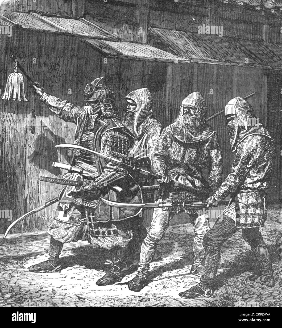 "Japanische Krieger der Bürgerkriege im dreizehnten Jahrhundert; Ein europäischer Aufenthalt in Japan", 1875. Von „Illustrated Travels“ von H.W. Bates. [Cassell, Petter und Galpin, 1880, London] Stockfoto