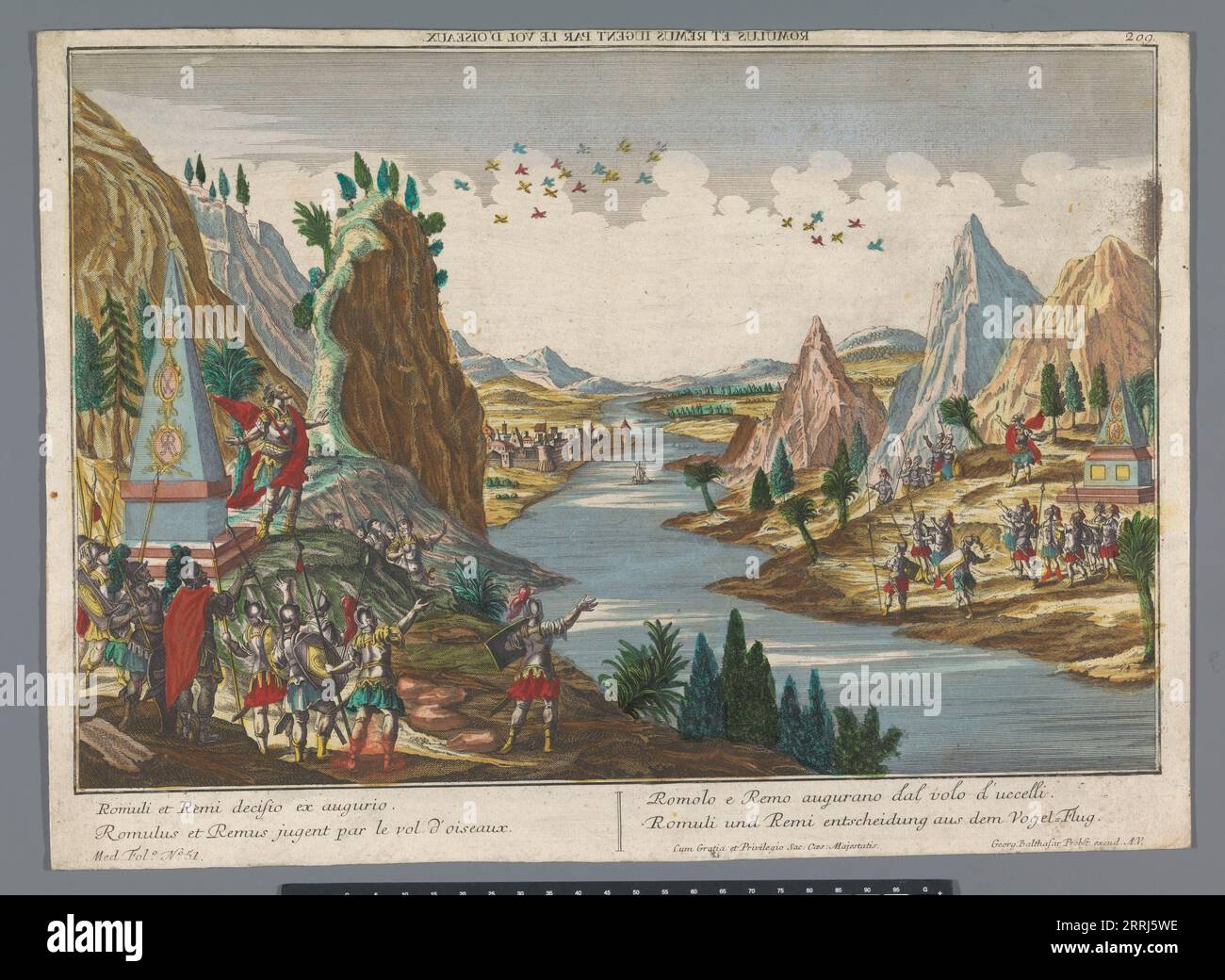 Omen im Flug der Vögel, 1742-1801. Romulus und Remus suchen nach einem Omen in einem Flug von Vögeln. Die Anzahl der Vögel bestimmt, welcher der Zwillinge das Recht hat, eine Stadt zu gründen und ihr seinen Namen zu geben. Romulus liegt auf der linken Seite des Tiber und sieht mehr Vögel vorbeifliegen als Remus auf der rechten Seite. Stockfoto