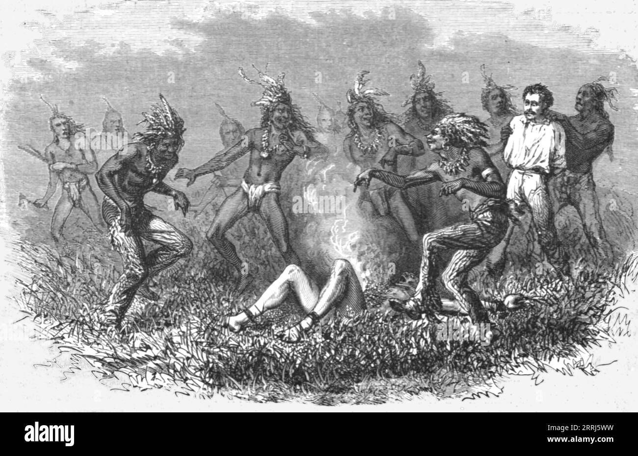 "Sioux Indians Burning a Prisoner; Ocean to Ocean, the Pacific Railroad", 1875. Von „Illustrated Travels“ von H.W. Bates. [Cassell, Petter und Galpin, 1880, London] Stockfoto