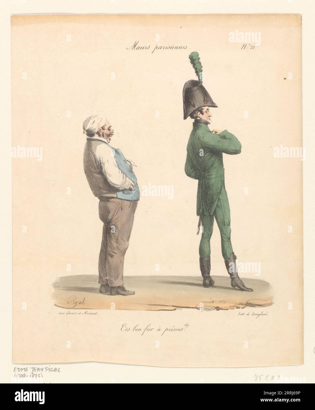 Pariser Bräuche: "Sind Sie zufrieden mit sich selbst?", 1825. Moeurs parisiennes: 'T'es ben fier à PRésent?'. Der ältere Mann lacht über das Kostüm des jüngeren Mannes. Aus einer Serie über Moral und Bräuche von Paris. Stockfoto