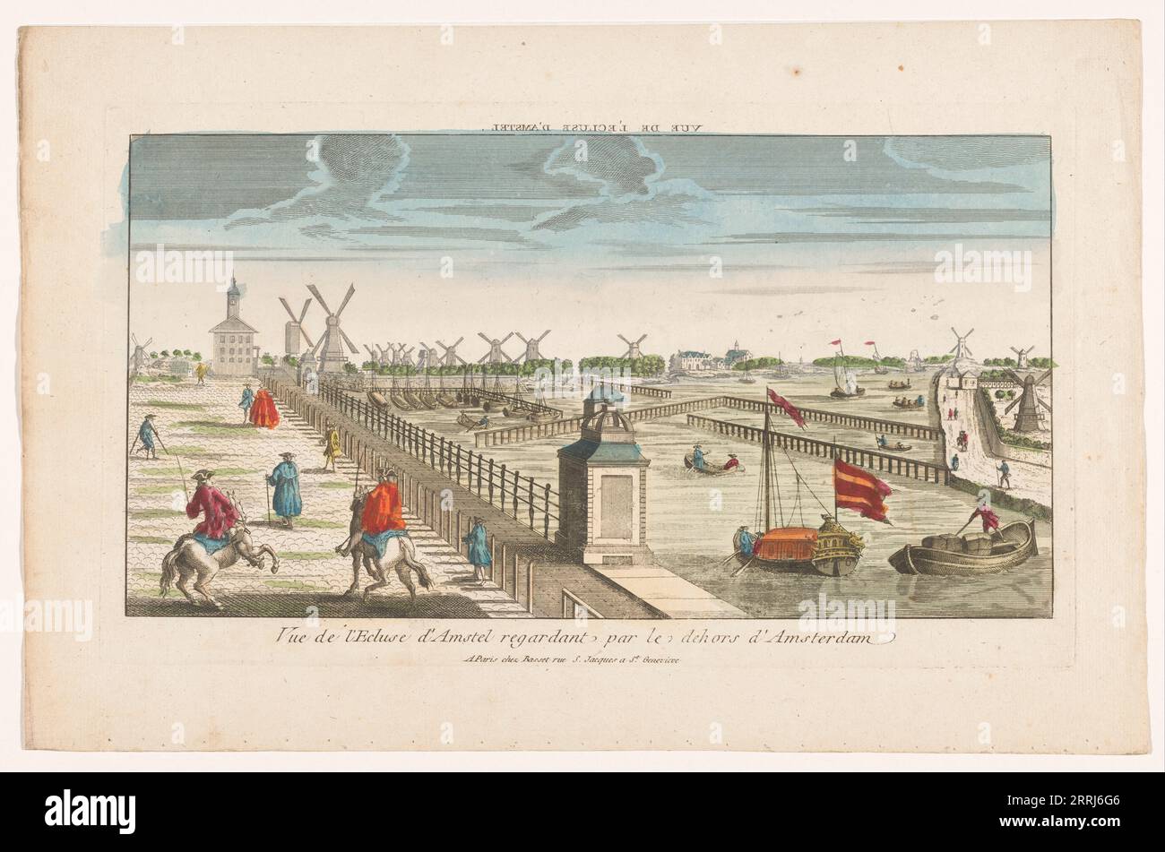 Blick auf das Hogesluis auf der Amstel, Amsterdam, 1700-1799. Die Amsteldijk und Windmühlen auf dem Zaagmolensloot. Auf der linken Seite das Bolwerk Westerblokhuis mit der Mühle de Groen und dem Utrechtsepoort. Auf der rechten Seite die Weesperzijde. Stockfoto