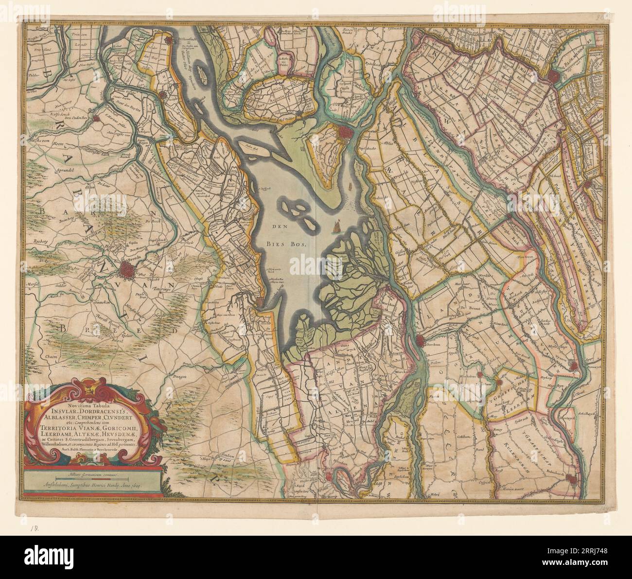 Karte von Teilen von Nord-Brabant, Südholland und Gelderland, 1629. Die Umgebung der Bies Bos, Segelschiff. Links unten eine Kartusche mit dem Titel mit der Skala in deutschen Meilen (1: 100,000). Stockfoto