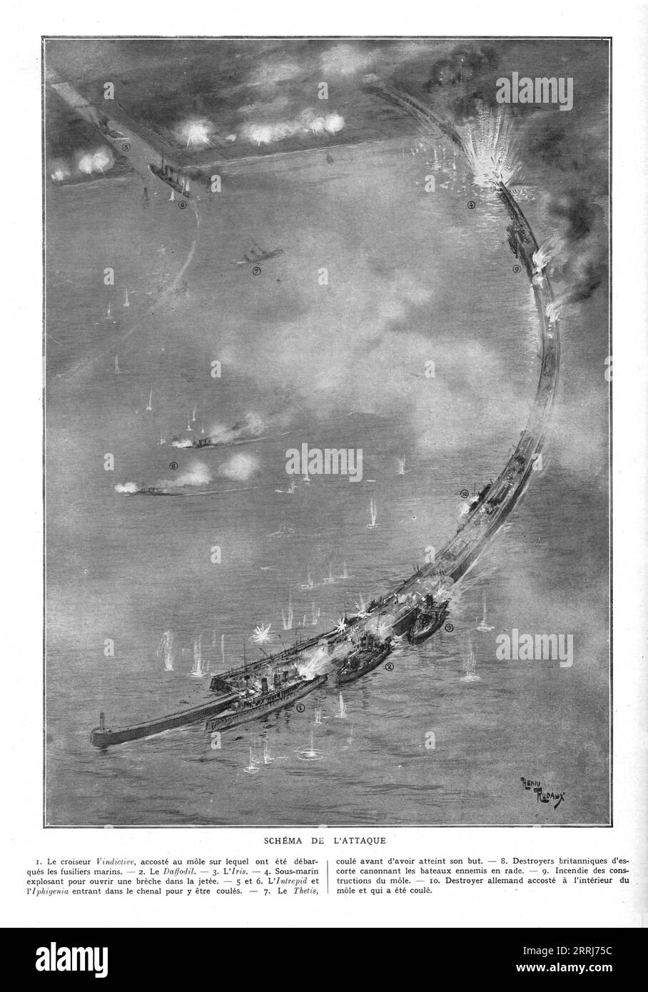 "L'attaque Navale de Zeebrugge et Ostende; A Zeebrugge: Schema de l'attaque", 1918. Aus L’Album de la Guerre 1914-1919, Band 2 [L’Illustration, Paris, 1924]. Stockfoto