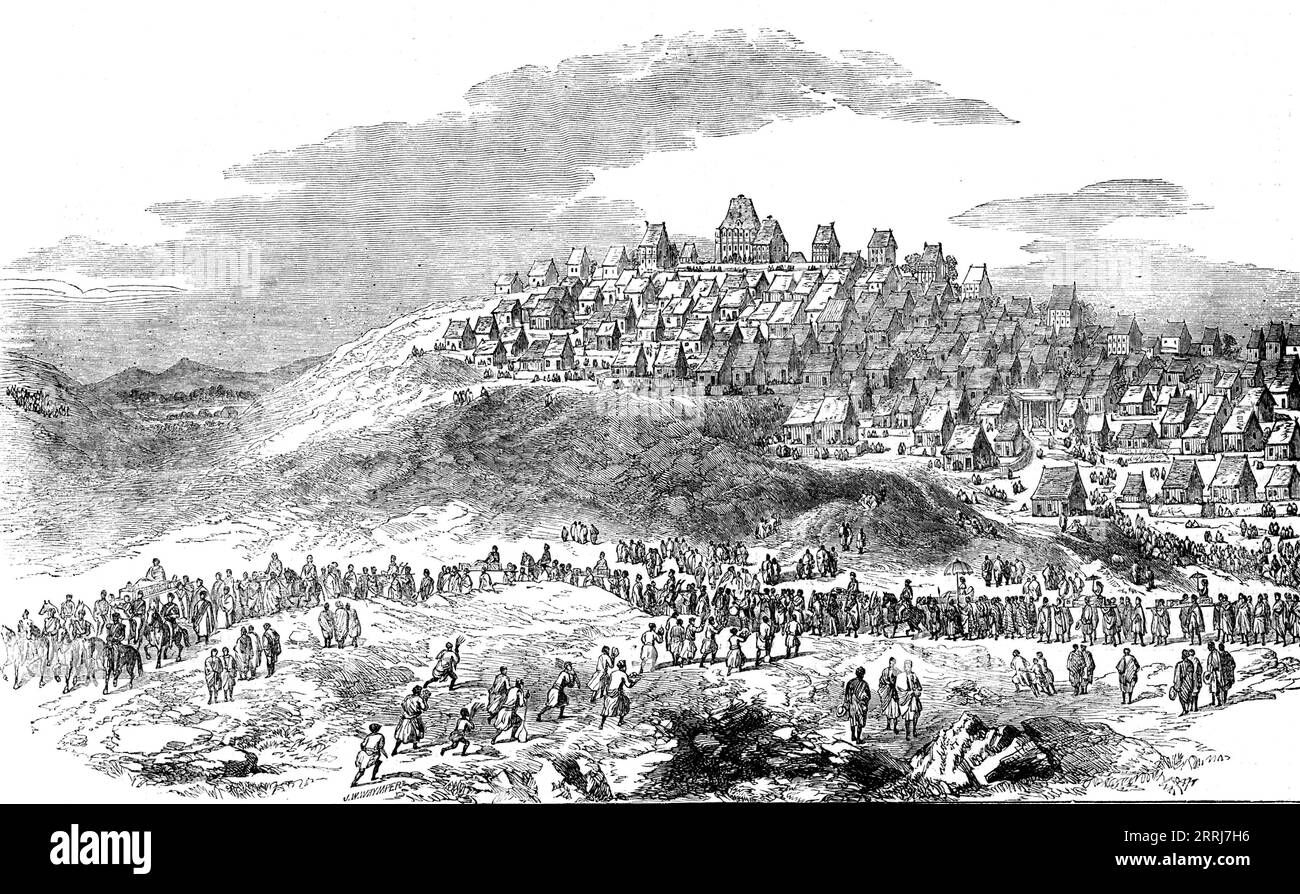 Skizzen aus Madagaskar – Antananarivo, die Hauptstadt Madagaskars; mit der Prozession des Prinzen und Prinzessin Royal entlang der östlichen Seite der Hauptstadt, 1858. "...auf dem höchsten Teil des Hügels... steht der Palast, das größte und erhabenste Gebäude des Ortes... die Wände sind von Doppelveranden übereinander umgeben; das Dach ist steil, mit Dachfenstern in drei verschiedenen Höhen... die Prozession war eine halbe Meile lang... es gab 14 Palanquins, die mit verschiedenfarbigen Vorhängen verziert waren. In einem dieser drei Jahre war er ein wunderschöner Jugendlicher, der Sohn des Prinzen Ramboasa Stockfoto