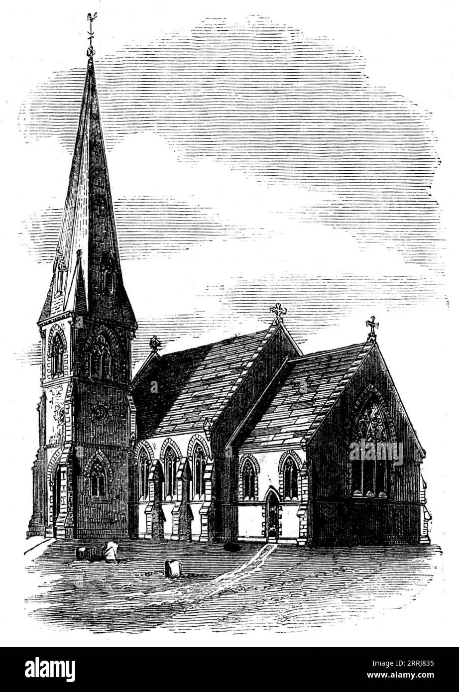 Blackfordby Church, Ashby-de-la-Zouch, 1858. Die neu erbaute St. Margaret's Church in Blackfordby in Leicestershire. Die Kirche steht auf einem hohen Boden und bietet eine weitreichende Aussicht auf das Land von Cannock Chase bis Charnwood Forest. Der Stil ist gotisch, wie er im 14. Jahrhundert vorherrschte... es gibt eine Unterkunft (einschließlich 90 Kinder) für 295 Personen. Der Auftragnehmer für die Ausführung der Arbeiten war Edwin Cooper, aus Ashby-de-la-Zouch... Stein, der in der Nähe des Ortes gefunden wurde, wurde für den größten Teil der Arbeiten verwendet; Ancaster-Stein wurde für die Fenster und das Kupfer verwendet Stockfoto