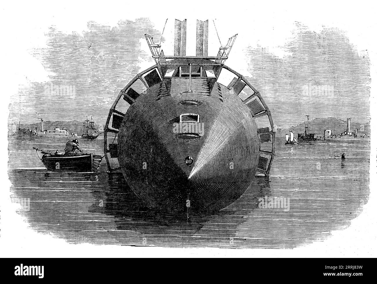 The Winans Steam-Vessel - End View, 1858. Das Cigar Ship, ein „singuläres Schiff“, das in der Nähe der Ferry Bay in Baltimore gestartet wurde. Entworfen wurde es von Ross Winans und seinem Sohn Thomas. "...die Dampfleistung an Bord von Seeschiffen, wenn sie zur Unterstützung von Segeln verwendet wird, gewährleistet in hohem Maße den Versand, die Sicherheit des Handelns und die Einheitlichkeit der Reisezeit. Nun glauben wir, dass durch die vollständige Entsorgung der Segel und aller notwendigen Anlagen und durch den Bau des Eisengitters unter Bezugnahme auf die Verwendung von Dampf allein diese wünschenswertesten Ziele [größere Sicherheit, Wirtschaftlichkeit des Seetransports] sein können Stockfoto