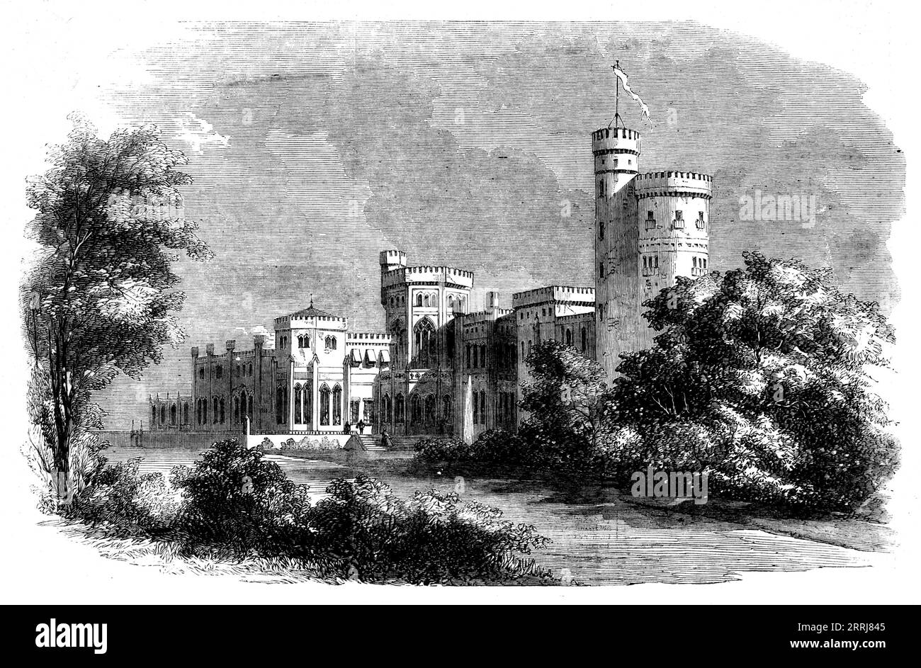 Babelsberg, Sommerresidenz des Prinzen und Prinzessin Friedrich Wilhelm von Preußen, 1858. Das Schloss... war eine Schöpfung seiner Königlichen Hoheit, des Prinzen von Preußen, der auf germanischem Boden den anglo-gotischen Stil reproduzieren wollte, dem die Burgen in England so viel Berühmtheit verliehen haben. Auf den Höhen am östlichen Ufer der Havel gelegen, wurde die Burg, umgeben von reichen Plantagen, unter der Leitung von Schinkel und Lenné begonnen; einer so ausgezeichnet als Architekt, der andere als Landschaftsgärtner... der königliche Architekt Strack hat den Chefbau fertiggestellt Stockfoto