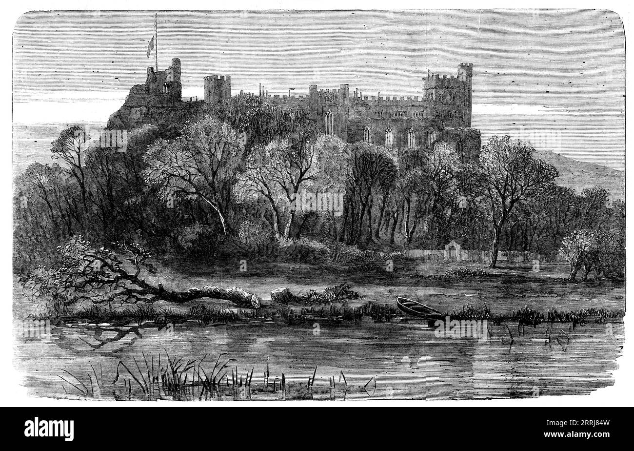 Arundel Castle, Sussex, Sitz des Herzogs von Norfolk, 1858. 'Arundel Castle steht hoch, auf einem steilen runden knoll...it wurde vom zehnten Herzog zu seiner antiken Pracht restauriert... die modernen Teile sind im gotischen Stil, aus Freestone gebaut; und Steine aus einem braunen Guss wurden ausgewählt, um besser mit den Überresten des antiken Gewebes übereinzustimmen. Die Burg ist auf der Nord- und Westseite von einem tiefen Graben umgeben... der Donjon ist ein runder Steinturm mit einem Durchmesser von 68 Fuß und der perfekteste in England. In der Mitte befindet sich der Kerker, ein etwa 10 Fuß hohes Gewölbe, das mit einem Flug erreichbar ist Stockfoto