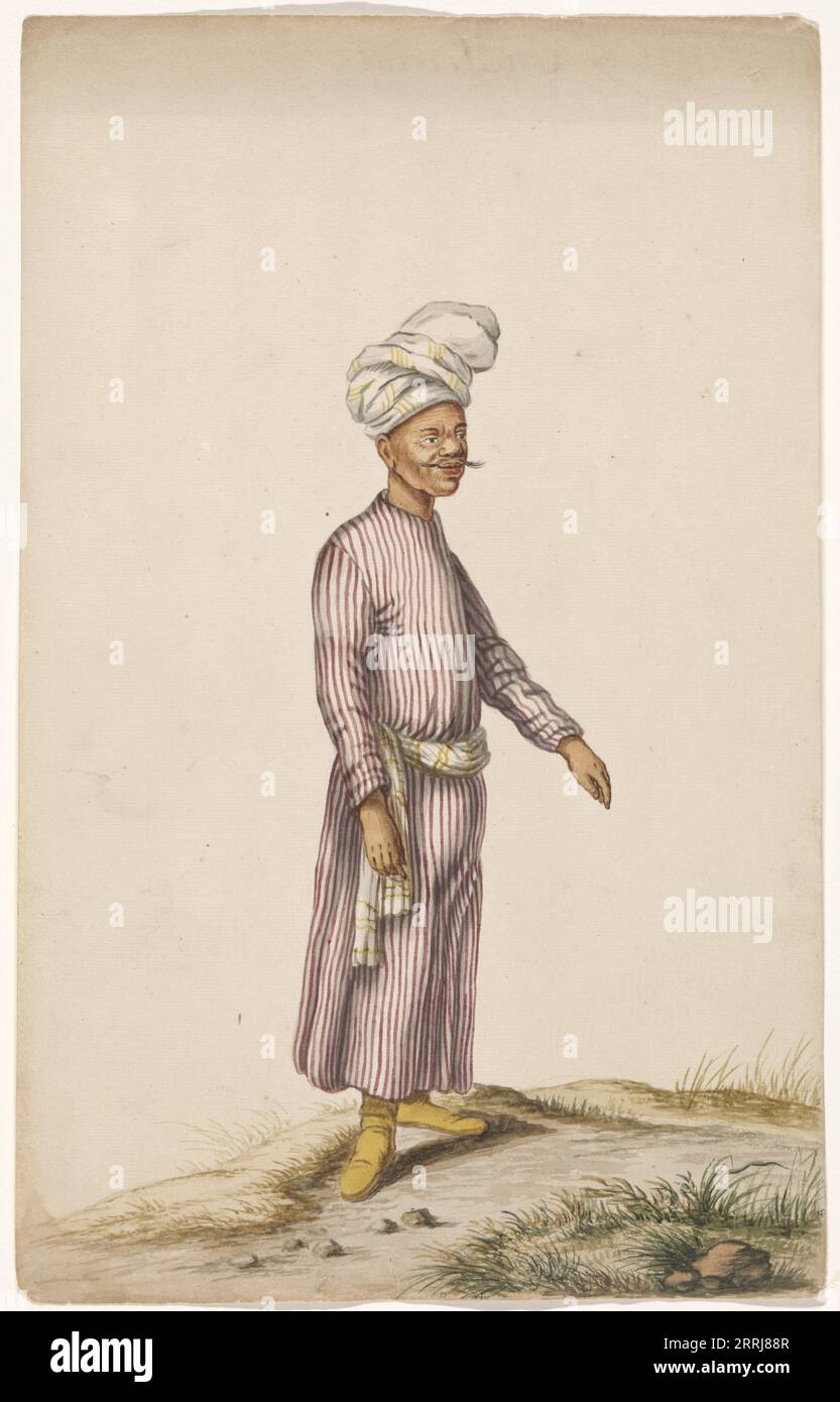 Mann in einem Turban, c.1675-c.1725. Mann in einem violett-weiß gestreiften Kaftan mit einer Schärpe um die Taille. Stockfoto