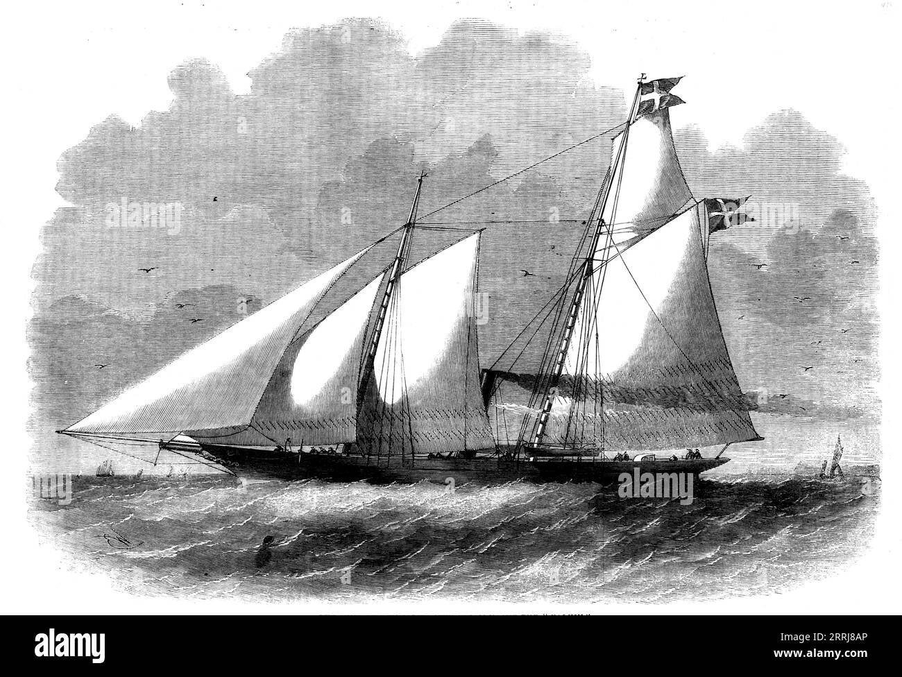 Die neue Dampfyacht des Königs von Dänemark, die „Falkin“, 1858. Dieses Schiff, das Eigentum seiner Majestät Frederick VII., König von Dänemark, wurde von Charles Langley von der Deptford-Green Dockyard in London entworfen und gebaut. Ihre Abmessungen sind: Länge über alles, 127 Fuß; dito-senkrechte, 107 Fuß; Breite des Balkens, 19 Fuß 6 Zoll; Tiefe von der oberen Seite des Kiels, 11 Fuß 6 Zoll. Ihre Tonnage beträgt 195 Tonnen. Der Falkin ist aus der besten Staffordshire-Platte gebaut. Sie ist geräumig für ihre Tonnage, und ihre Linien und Proportionen sind von großer Schönheit. Sie hat es Stockfoto