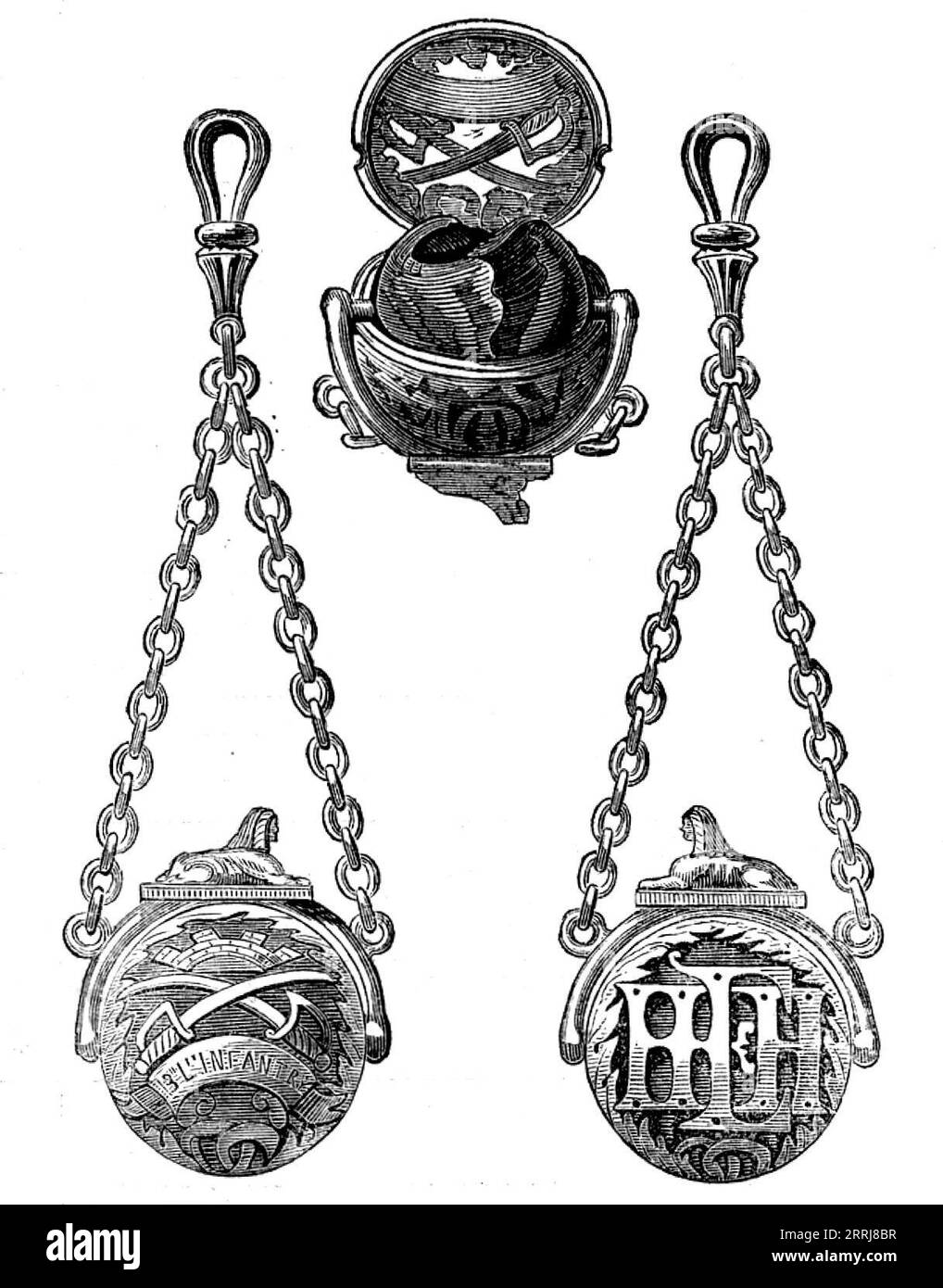 Ein Andenken an die Mutiny in Indien, 1858. Anhänger einer Weste-Kette zum Gedenken an die außerordentliche Flucht von Lieutenant Henry Edward Hall am 6. April 1858, eine verzweifelte Verlobung, in ungleicher Zahl, wurde zwischen fünf Kompanien der 15. leichten Infanterie gegen mehrere Tausend Sepoys [indische Soldaten] gekämpft... während er galant seine Männer anführte... wurde Lieutenant Hall verwundet... der Ball traf auf die rechte Seite, traf auf die Kante des Rippenknochens und setzte sich zwischen den Muskeln der Wirbelsäule fest. und sechs Wochen lang trotzte er den Bemühungen der Armeechirurgen, es zu extrahieren. Am Ende war es Stockfoto