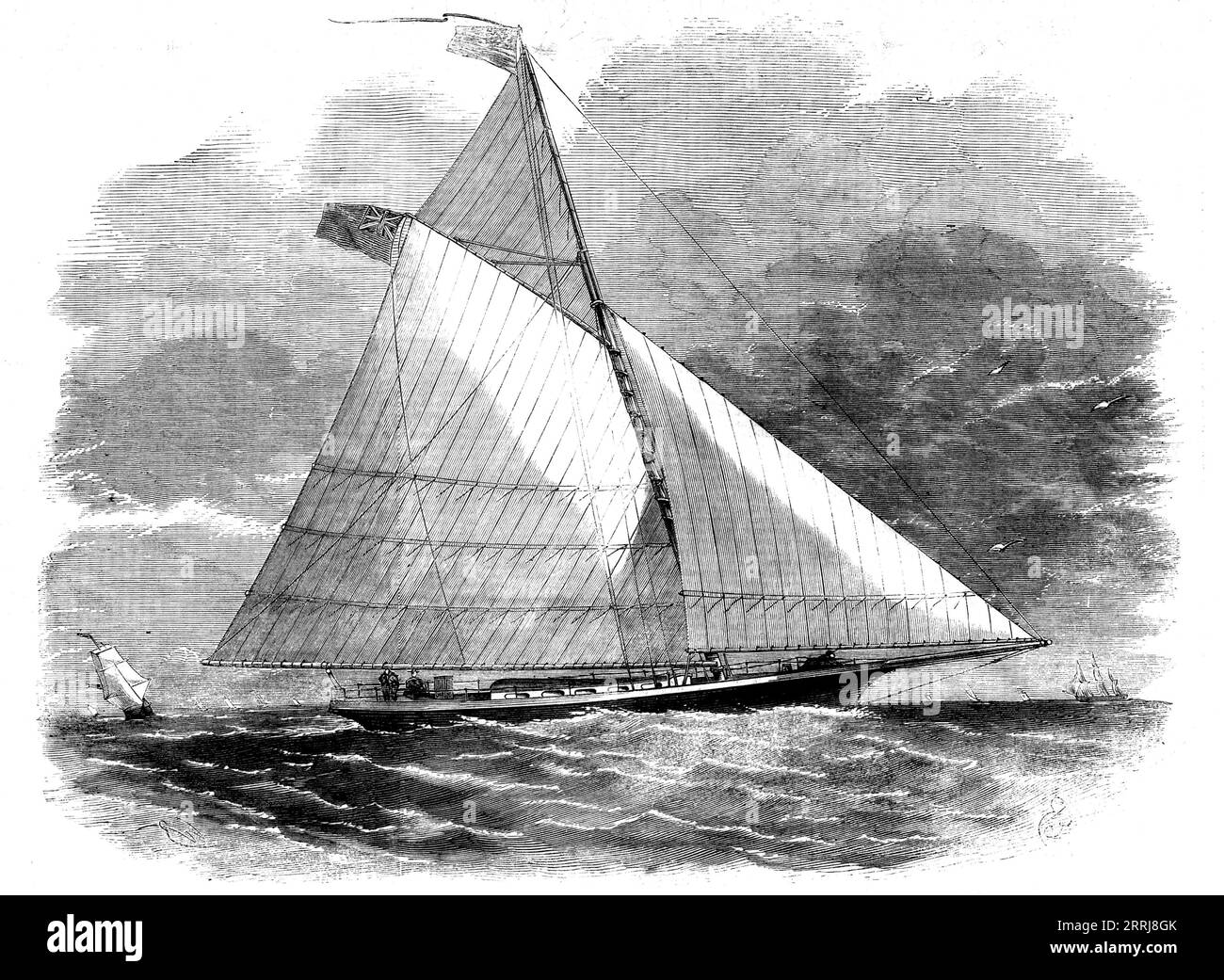 Der "Christopher Columbus" Cutter, 45 Tonnen, in dem Mr. Webb kürzlich den Atlantik überquerte, 1858. Am 19. August segelte der Cutter von New York aus und besetzte fünfundvierzig Tage auf der Reise. Sie ist... 53 Fuß lang... 44 Fuß Kiellänge, 16 Fuß breit, und der Mast ist 50 Fuß 6 Zoll lang... "Eine brüchigere Rinde, in der man den stürmischen Atlantik überqueren kann (sagt eine Person, die sie in Southampton gesehen hat), es ist kaum möglich, schwanger zu werden; und... kaum jemand würde sich vorstellen, oder kaum glauben, wenn man ihnen sagt, dass dieses Miniaturschiff über solch eine wilde Wasserverschwendung gefahren sein könnte Stockfoto