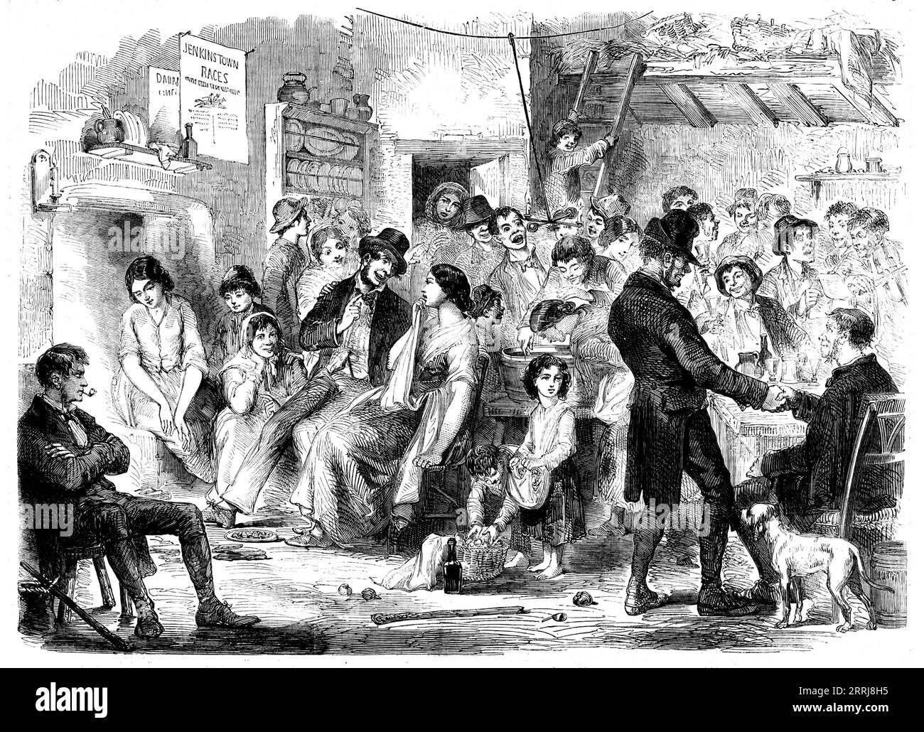 Allhallow-Eve - eine Skizze in Kilkenny von Edmund Fitzpatrick, 1858. "Allhallow-Eve (1. November)... ist die Nacht aller anderen, in der die irische Bauernschaft glaubt, dass Geister, Hexen und Feen, aber vor allem die zweifelhafte phoca, so fleißig sind, Streiche gegen unvorsichtige Reisende zu spielen. und diese übernatürlichen Ereignisse, die von solchen Abenteurern erzählt werden, bilden Themen für Klatsch an vielen Hütten, die für viele eine lange Nacht am Kamin stehen. Es ist daher nicht verwunderlich, dass dieser Abend von diesem einfallsreichen Volk auf festlichere Art und Weise verbracht werden sollte als jeder andere... Eine Sammlung Stockfoto