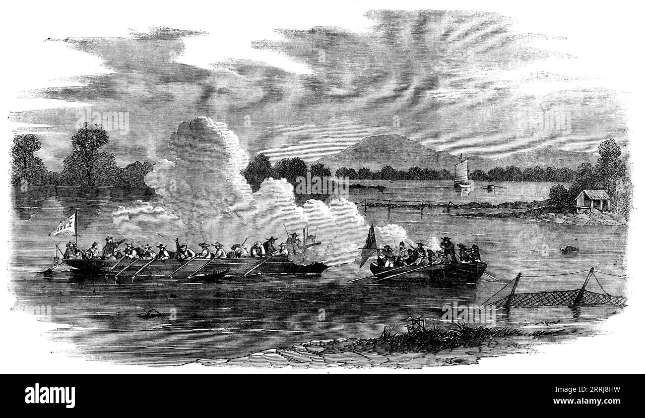 Action Between a Large Chinese Row-Galley and a Small Cutter of H.M.S. „Amethyst“, Canton River, 19. Juli 1858. Britische Streitkräfte in China. place...between eine große Schlangen- oder Reihenküche mit einer Mannschaft von siebzehn Mann, bewaffnet mit montierten Jingalls, Raketen, Stinktöpfen, Schwertern und Speeren. und ein kleiner Cutter... mit einer Besatzung von acht Seeleuten und einem Marine, unter dem Kommando von Mr. R. C. Dyer, dem Kapitän dieses Schiffes. Wenn man bedenkt, dass die chinesische Kriegsgaleere speziell ausgestattet war, um die Wachboote der Kriegsmänner abzuschneiden, und dass sie bis an die Zähne bewaffnet war, mit einem Stockfoto