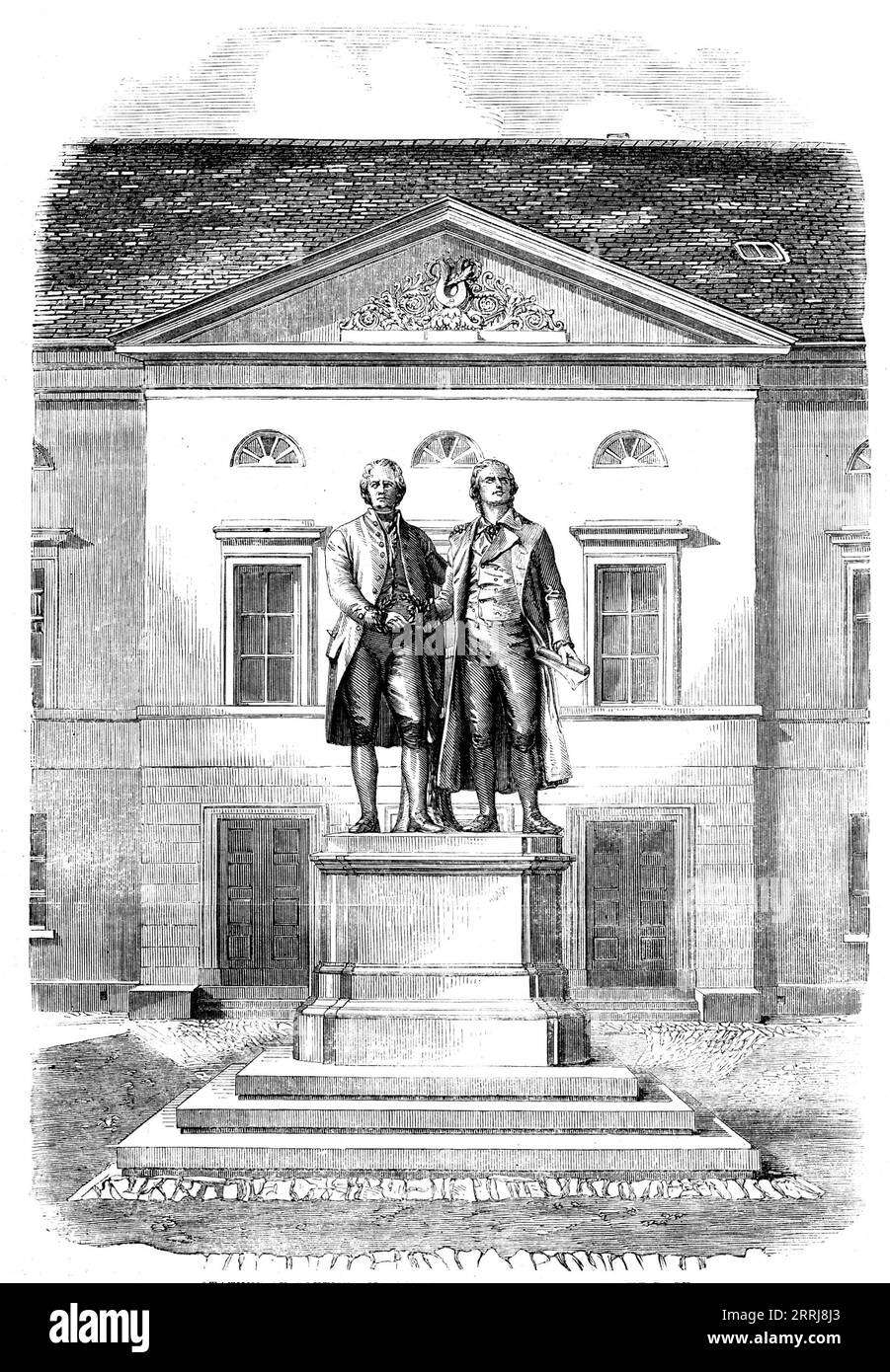 Statuen von Goethe und Schiller in Weimar, 1858. Skulptur deutscher Schriftsteller und Dramatiker Johann Wolfgang von Goethe und Friedrich Schiller. Rietschel, der Dresdner Bildhauer, der für die Ausführung dieser Statuen ausgewählt wurde, hat sie angemessen dargestellt, indem er die gleiche Lorbeerkrone ergriff. Dieses Werk trug wesentlich zum Ruhm des Künstlers bei und brachte ihm das Kreuz eines Kommandeurs des Falkenordens ein. Aus Illustrated London News, 1858. Stockfoto
