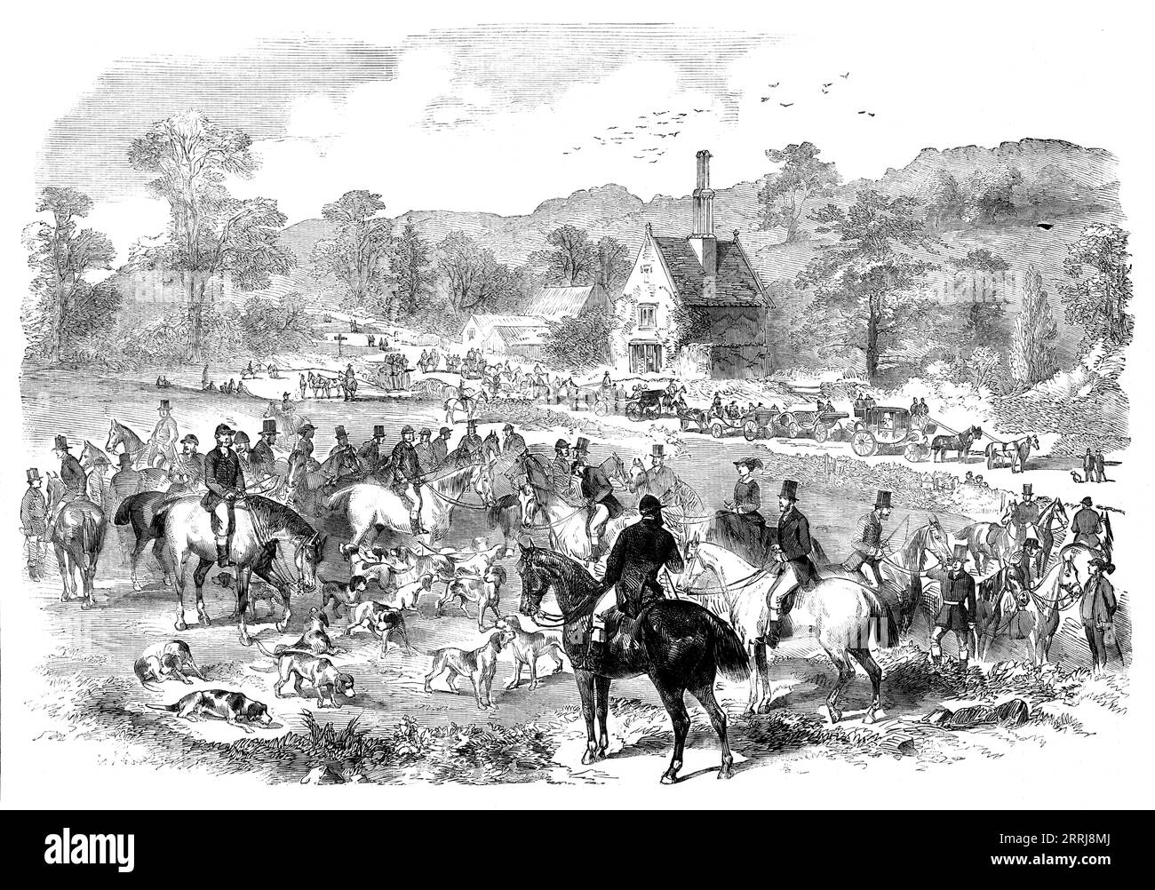 Erstes Treffen der Saison der Cotswold Hounds, 1858. Fuchsjagd im ländlichen England. Gravur einer Skizze von Mr. G. Goddard. Diese Hunde begannen ihre Saison am Montag, den 1. November, in Dowdeswell Wood, etwa drei Meilen von Cheltenham entfernt, an der Londoner Straße. Das Treffen wurde zahlreich von der Elite von Cheltenham besucht... die Hunde wurden in Deckung geworfen, und als sie [den Geruch] sofort fanden... sie rüttelten ihn durch den Wald, und "Charley", nach zwei oder drei vergeblichen Versuchen, Deckung zu brechen, stahlen in die Richtung Stockfoto