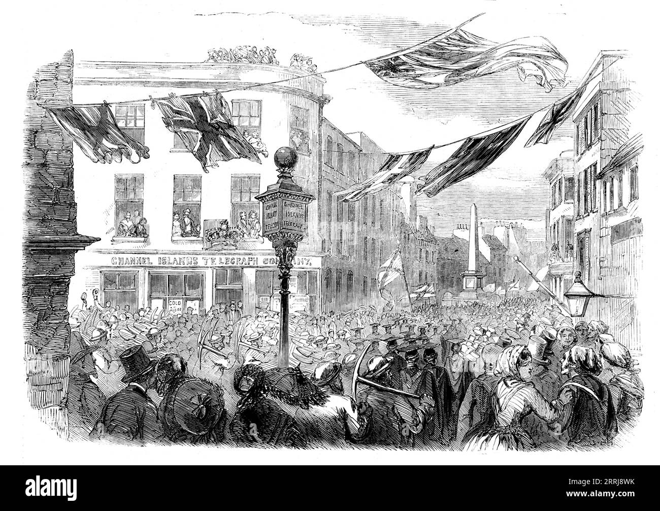 Feierlichkeiten in Jersey zur Eröffnung des Channel Islands Telegraph, 1858. Blick auf "...die Szene der beliebten Aufregung zu diesem Anlass in den Straßen von St. Helier. Dienstag, der 7. September war wirklich ein großartiger Tag für Jersey. denn an diesem Tag wurde die Kommunikation durch die elektrische U-Boot-Linie zwischen dieser Insel und Großbritannien eröffnet... die Straßen waren voll von Menschen... Eine Prozession, begleitet von Militärbands, die durch die Stadt zogen... die Glocken der Stadtkirchen wurden geläutet, und die feine Band der Royal Artillery... schlug auf "Gott rette die Königin!"... die bürgerliche und andere au Stockfoto