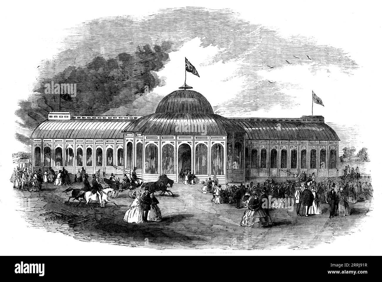 Der Kristallpalast in Toronto, Kanada, 1858. Gravur einer Skizze von Mr. R. H. Mackay. "Dieser Industriepalast wurde errichtet, um in seinen Mauern die jährlichen Ausstellungen der Provincial Agricultural Association of Canada West zu halten... die Wände bestehen hauptsächlich aus Gusseisen und [Platten-] Glas, nach dem Entwurf des Crystal Palace of Hyde Park [in London] in einem erheblich veränderten Sinne. Das Dach ist aus Holz, mit Zinn bedeckt... und bietet die perfekte Sicherheit gegen Leckagen, zumindest durch jeden gewöhnlichen Sturm... 24 Ventilatoren, ähnlich groß wie im Hauptgebäude Stockfoto