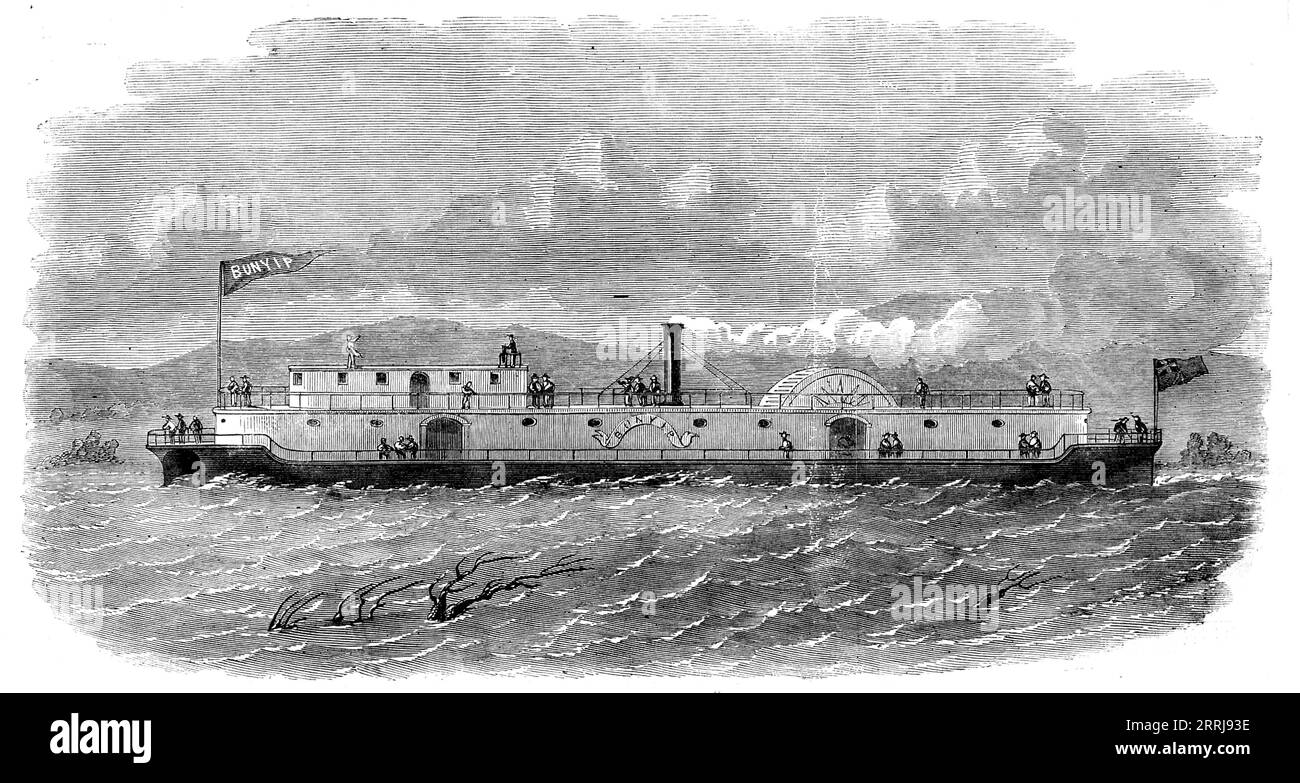 Der Australian Twin Steamer "Bunyip", 1858. „Unsere Gravur ist eines der Schiffe einer Klasse, die heute auf dem Murray River und anderen Flüssen in Südaustralien allgemein werden. Die Bunyip ist ein in letzter Zeit auf dem Bahnhof platziertes Schiff für die Beförderung von Passagieren und Waren zwischen Adelaide und den benachbarten Orten und erfreut sich am meisten an ihren Auftritten. Sie besteht aus zwei Schiffen mit schmalem, aber extrem scharfem Balken, mit einem großen Schaufelrad dazwischen, wobei der Bodenbelag das Schiff verbindet und mit ihnen eine große Breite des Balkens ergibt; und eine gute Rate Stockfoto