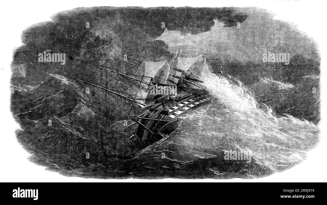 Das Atlantic Telegraph Cable - The Agamemnon in a Storm, 1858. Das Schiff kämpfte in '...dem großen Sturm am 20. Juni... die Agamemnon rollte so schwer und gefährlich wie in ihr, um dann zu ernsthaften Befürchtungen zu führen, dass die Masten über Bord gehen würden, oder dass sie vollständig kenterte und Gründer würde. In diesen schweren Kirchen brachen die Kohlen, die in den Haupt- und Unterdecks verstaut waren, ab und verletzten mehrere Besatzungsmitglieder schwer; die elektrischen Instrumente wurden alle verletzt; die Hauptkohle im Boden des Laderaums verschob sich...das Segel wurde verkürzt, um die Vorder- und Hauptspitze zu schließen Stockfoto