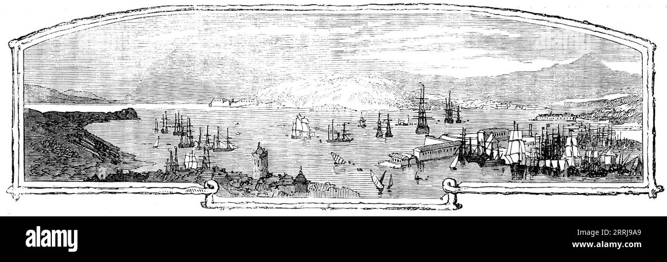 Toulon, 1858. Toulon ist der Plymouth von Frankreich, der Sitz ihrer Marinemacht im Mittelmeer und einer ihrer wichtigsten Marinearsenale... es ist eine stark befestigte Stadt, am Fuße einer tiefen Doppelbucht, die die Straßen bildet. Dahinter verläuft ein Amphitheater von Hügeln, die sich im Norden in die Höhen des Mount Pharon erheben... die ihre Arme um die Bucht Strecken, um sie fast zu verschließen, wodurch sie eine sichere Ankerposition darstellt, außer im Süden und Osten, wo sie etwas ungeschützt ist. Sechs Festungen auf der Landseite verteidigen die Stadt, während die Mündung des Hafens und die Hügel Komma bilden Stockfoto