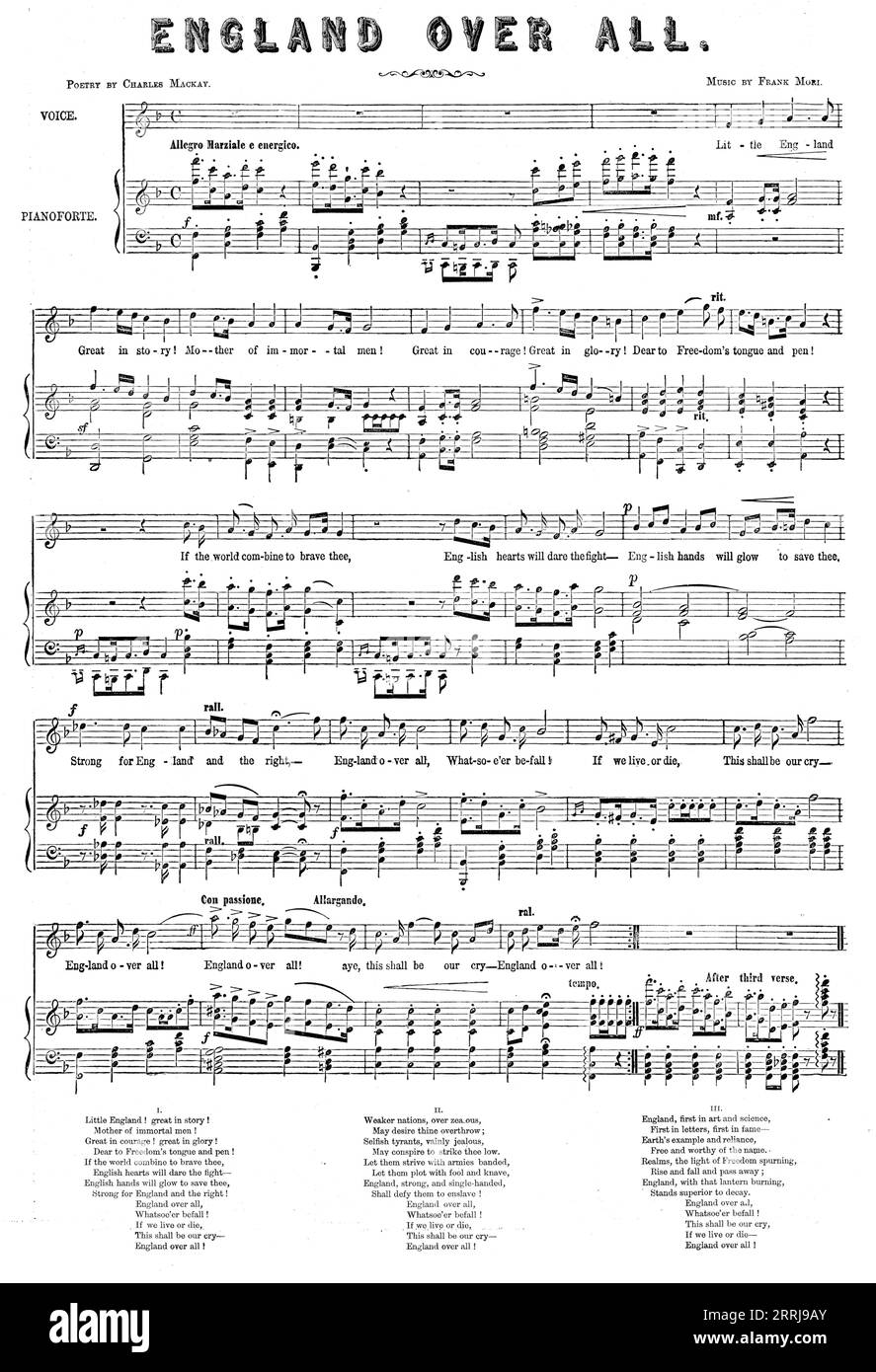 "England Über Alles", 1858. „Little England großartig! Mutter unsterblicher Männer! Super mutig! Großartig! Lieb von der Zunge und dem Stift von Freedom! Wenn sich die Welt zusammenschließt, um dich zu mutigen, werden englische Herzen den Kampf wagen - englische Hände werden leuchten, um dich zu retten, stark für England und die Rechten - England über alles, was auch immer passiert! Wenn wir leben oder sterben, wird das unser Schrei sein - England über alles! Ganz England! aye, das wird unser Schrei sein - England über alles! Schwächere Nationen, übereifrig, mögen dich umstürzen wollen; egoistische Tyrannen, vergeblich eifersüchtig, mögen sich verschwören, dich tief zu schlagen. Lassen Sie sie Stockfoto