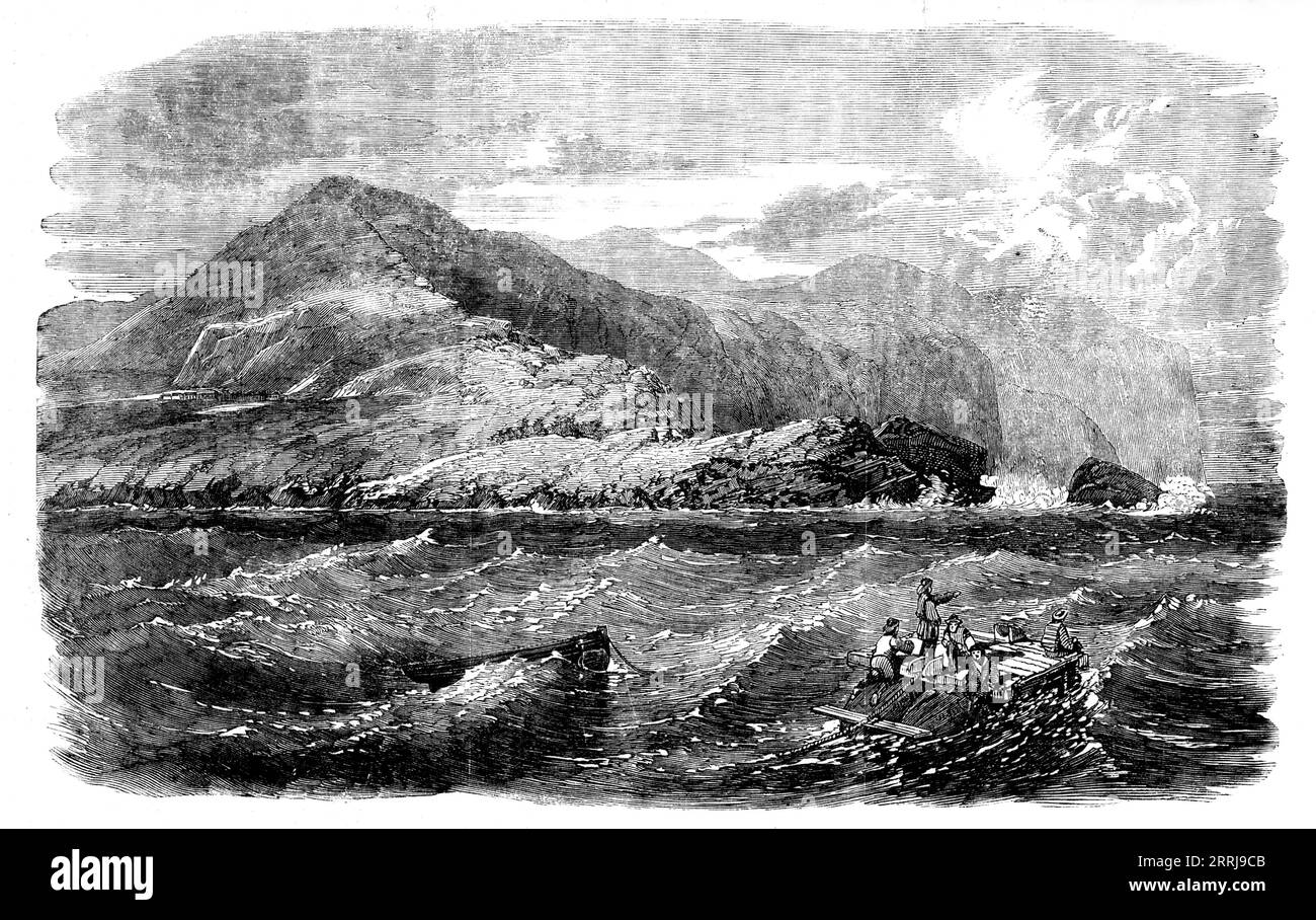 Verlegen des Atlantic Telegraph Cable - Valentia: Catamaran for Underrunning the Shore-End of the Cable, 1858. "Ansicht von Valentia, der Insel, die im Zusammenhang mit dem Atlantic Telegraph großes Interesse beimisst, da es dazu bestimmt ist, das europäische Ende des Kabels zu erhalten, da es "die nächste Gemeinde Amerikas" ist. Diese etwa fünf Meilen lange und zwei Meilen breite Insel liegt nahe dem Südwesten Irlands, eine kurze Entfernung südlich von Dingle Bay'. Aus Illustrated London News, 1858. Stockfoto