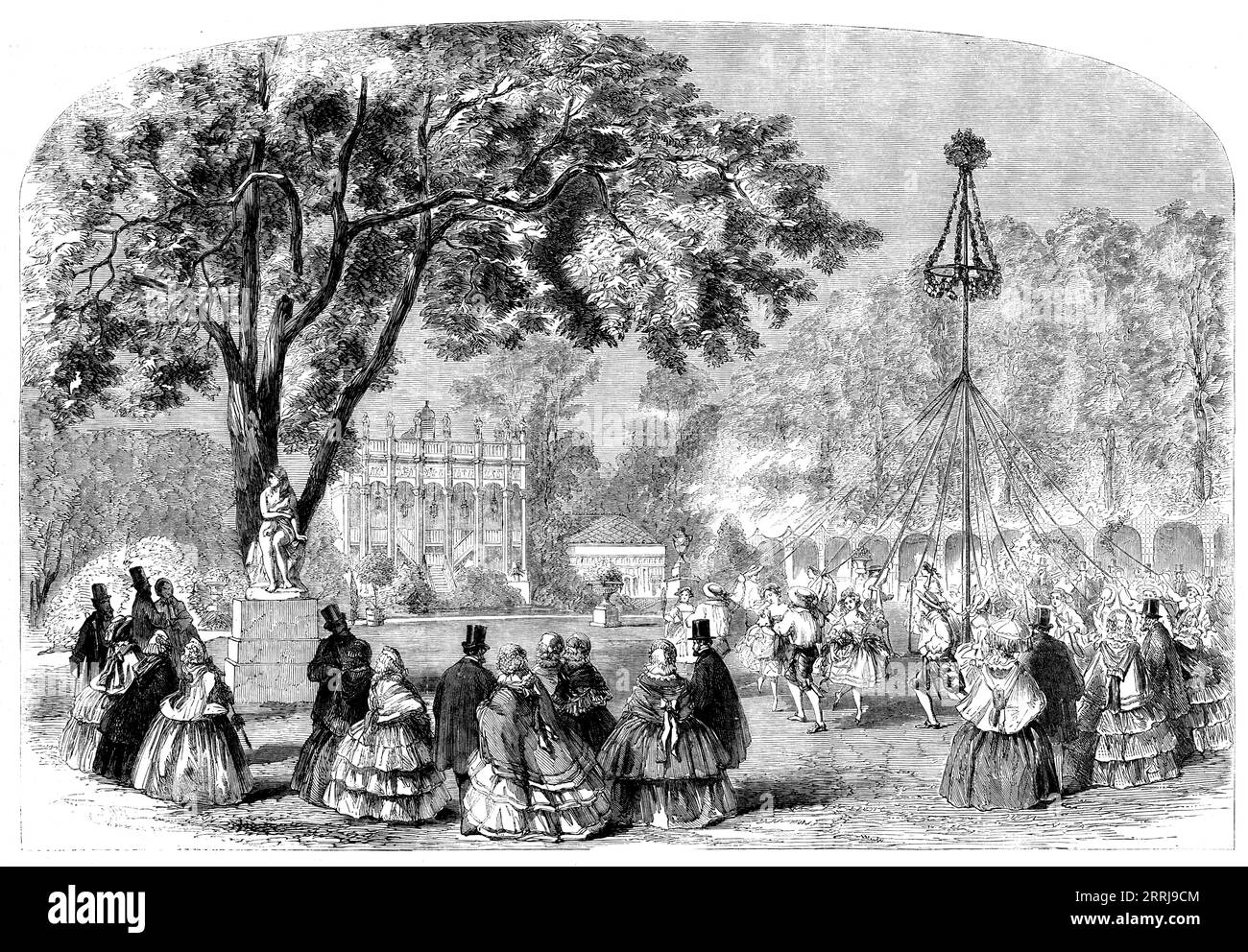 Cremorne Gardens - The Maypole Dance, 1858. Vergnügungsgärten in Chelsea, London. „Dieser reizvolle Ort des öffentlichen Resorts war... das Zentrum einer großen Attraktion und war von einer brillanten Firma überfüllt, die zusammengebracht wurde, um ihre Bewunderung für die Art und Weise zu bezeugen, in der der temperamentvolle Besitzer - Herr T. Simpson - diese Gärten verwaltet hat. Schon um drei Uhr waren die Gärten für die Öffentlichkeit zugänglich, als in den Gärten, die mit Fahnen und Bannern ausgezeichnet dekoriert waren, Maypole und morris-Tanz, wie zum Beispiel unsere Vorfahren begeistert, stattfanden Stockfoto