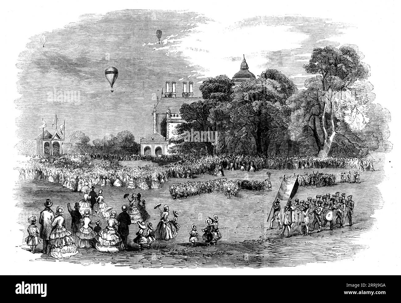 Band of Hope Fete in Aston Park, Birmingham, 1858. 6000 Kinder besuchen ein Festival. „Für die Vergnügungen wurde ein Programm erstellt, das eine vontriloquiale Unterhaltung, einen „Tempel der Magie“, Ballonaufstiege und Rennen sowie eine wahre Punch- und Judy-Show beinhaltete. Für den Zutritt zu den prätentiveren Unterhaltungen wurde eine geringe Gebühr erhoben, und sie waren gut begnadigt. Mehrere Bands wurden für diesen Anlass engagiert. Im Park wurden Sportspiele und Übungen für die Kinder angeboten, während, in verschiedenen Teilen verteilt, Zelte für Erfrischungen, Zelte für die Bands und Zelte für waren Stockfoto
