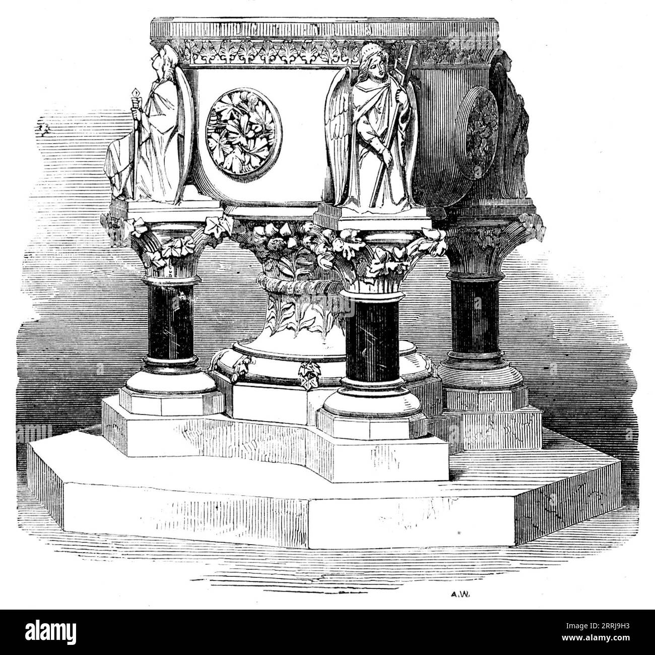 Schriftart in St.. Mary's Church, Stoke Newington, 1858. Das ist ein elegantes Design, aus dem Studio von Mr. J. Sherwood Westmacott, aus Wilton-Place, Belgravia. Das Becken und die Vase sind aus Caen-Stein. Die Figuren, die für die Taufe emblematisch sind, sind aus statuierlichem Marmor, die sie stützenden Zwergsäulen aus poliertem rotem Kaisermarmor, die Kapitelle wunderschön in Stein gehaucht. Unsere Darstellung vermittelt eine korrekte Vorstellung von diesem wirklich schönen Werk. Die Kosten betrugen &#xa3;300 und nicht, wie in anderen Zeitschriften erwähnt, &#xa3;400'. Aus Illustrated London News, 1858. Stockfoto