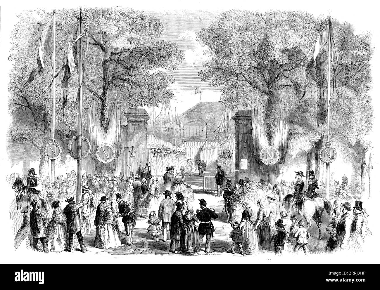 Die Cherbourg Fetes - Zelte am Bahnhof, Cherbourg, 1858. „In der Nähe des Bahnhofs befand sich eine Art kleines „Camp de Chalons“, in dem Zelte aufgestellt wurden, die von den Eisenbahndirektoren eingeladen wurden, um die Eröffnungszeremonie zu erleben. An diesem romantischen Ort, umgeben von überhängenden Hügeln, gekrönt von üppigem Laub und Grün, versammelten sich 1500 Personen in ihren Leinwandwohnheimen. Unter den anderen Vergnügungen, die die Eisenbahngesellschaft ihren Gästen zur Verfügung stellte, gab es dramatische Unterhaltungsangebote im sogenannten Theater des Gare (Bahnhof), und sie scheinen sehr gewesen zu sein Stockfoto