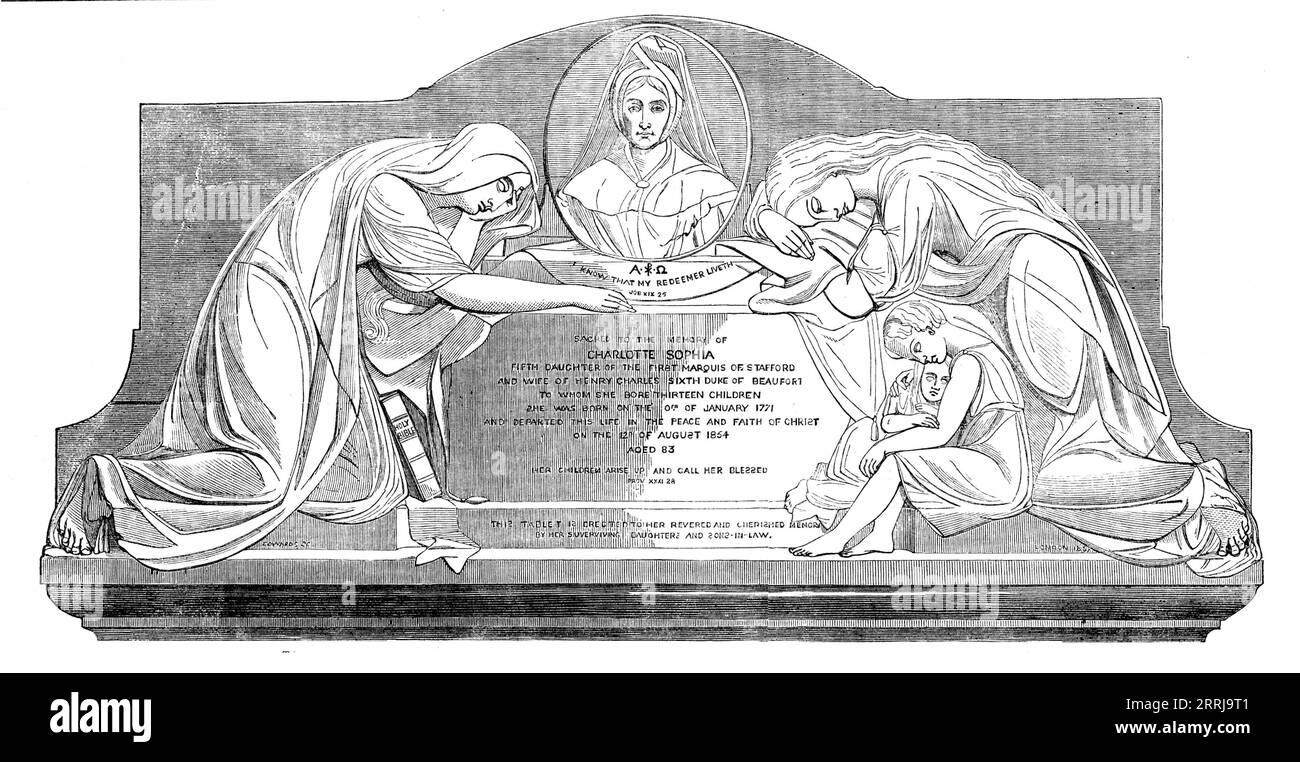 Monumentale Tafel zum Gedenken an die späte Herzogin von Beaufort, die kürzlich in der Badminton Church, 1858, errichtet wurde. "...ein sehr schasthaft gestaltetes und bewundernswert ausgeführtes Kunstwerk aus weißem Marmor, das ein Medaillon-Abbild der Herzogin in ihrem verwitweten Zustand enthält, mit einer Gruppe von Wohltätigkeit und einer Figur der Religion... die zweifache Quelle dieser characteristics...chosen als Hauptqualitäten, die in dem Marmor zu modellieren sind - sind gut verkörpert und künstlerisch vom Bildhauer in Basreliefs behandelt. Mr. J. Edwards...it wird von ihren überlebenden Töchtern und Schwiegersöhnen errichtet. wo so viel sein könnte Stockfoto