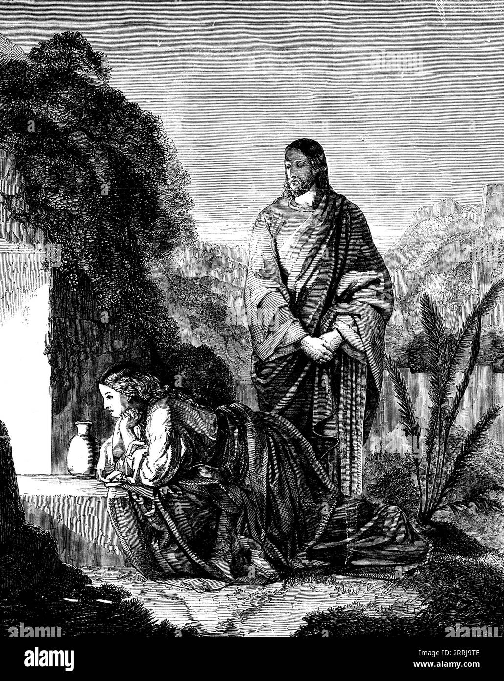 Mary Magdalene am Grab – gemalt von H. Le Jeune – im Besitz des Herzogs von Manchester, 1858. „Dieses Bild – eines der wenigen über biblische oder historische Themen, das uns in diesen entarteten Tagen erreicht – wurde 1856 in der Königlichen Akademie ausgestellt. Es handelt sich um den Vorfall des Besuchs von Maria Magdalena und einiger der Jünger am frühen Morgen des ersten Tages der Woche zum Grab des Erlösers. wenn sie erstaunt sind, es leer zu finden... ist der besondere Moment der Handlung offensichtlich der, wo Maria auf die Anfrage der Engel antwortet, und vor tur Stockfoto