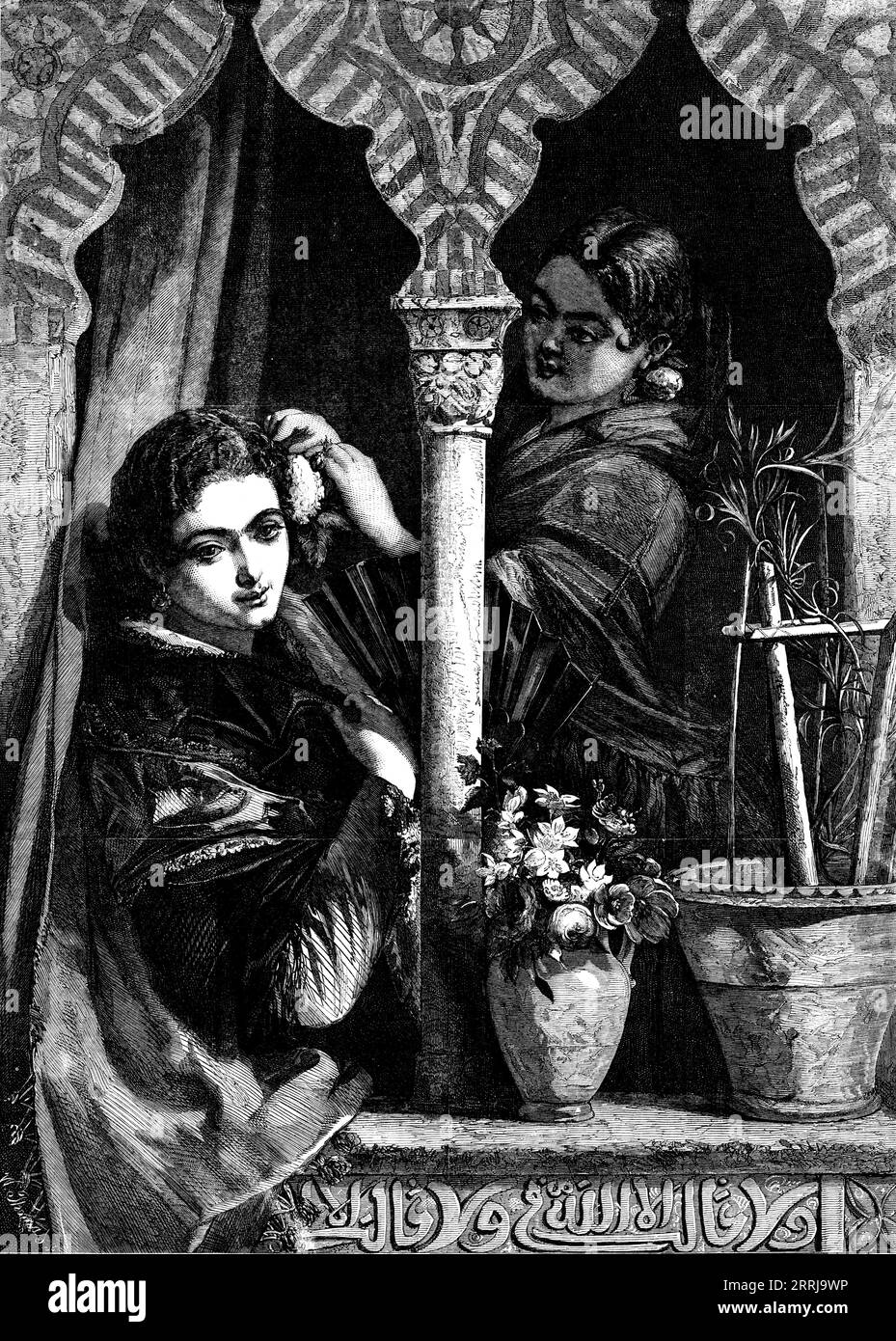 Daughters of the Alhambra – gemalt von J. Phillip – von der Royal Academy Exhibition, 1858. "Spanien, das so viele verlockende Motive der Kunst angeboten hat, hat für sie nur wenige intelligentere und gefühlvollere Dolmetscher gefunden als Mr. Phillip... die Alhambra hat ihm Materialien für viele angenehme und suggestive Bilder zur Verfügung gestellt, aber nicht mehr als das vor uns, das ist voller Leben und Farben und in einem bewundernswerten Rahmen malerischer antiker Architektur. Die beiden Töchter der Alhambra, in deren reichen, dunklen Teint das alte orientalische Blut deutlich nachverfolgbar ist, sind bei einem o Stockfoto