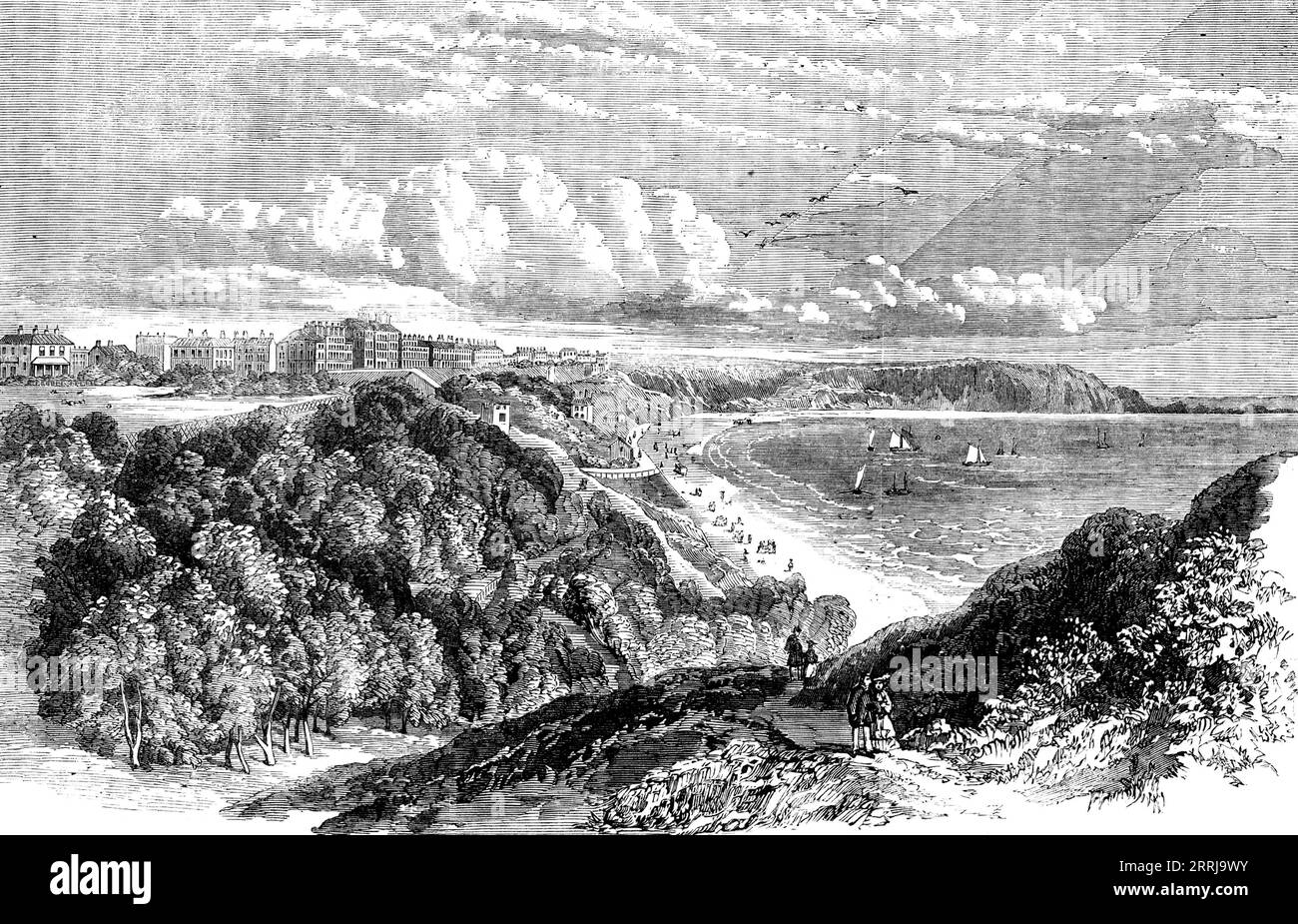 Filey, Yorkshire - aus dem South Cliff, 1858. "Diese Stadt liegt am Kopf einer Bucht, auf Klippen, die mehr als hundert Fuß über dem Meeresspiegel liegen; ihr Lehmlager bildet einen merkwürdigen Kontrast zu der weißen Kreidezunge, die sie auf der südöstlichen Seite umschließt. und sein noch außergewöhnlicheres Felsenriff, Filey Brigg genannt, das, weit in die salzige Tiefe hinausgestreckt, einen natürlichen Wellenbrecher auf seinem nordöstlichen Aspekt bildet... die Schichtung dieser Felsen, die aus Kalkkörnern bestehen, ist außerordentlich regelmäßig. Die gigantische Rolle des Deutschen Ozeans, selbst in seinem Stockfoto