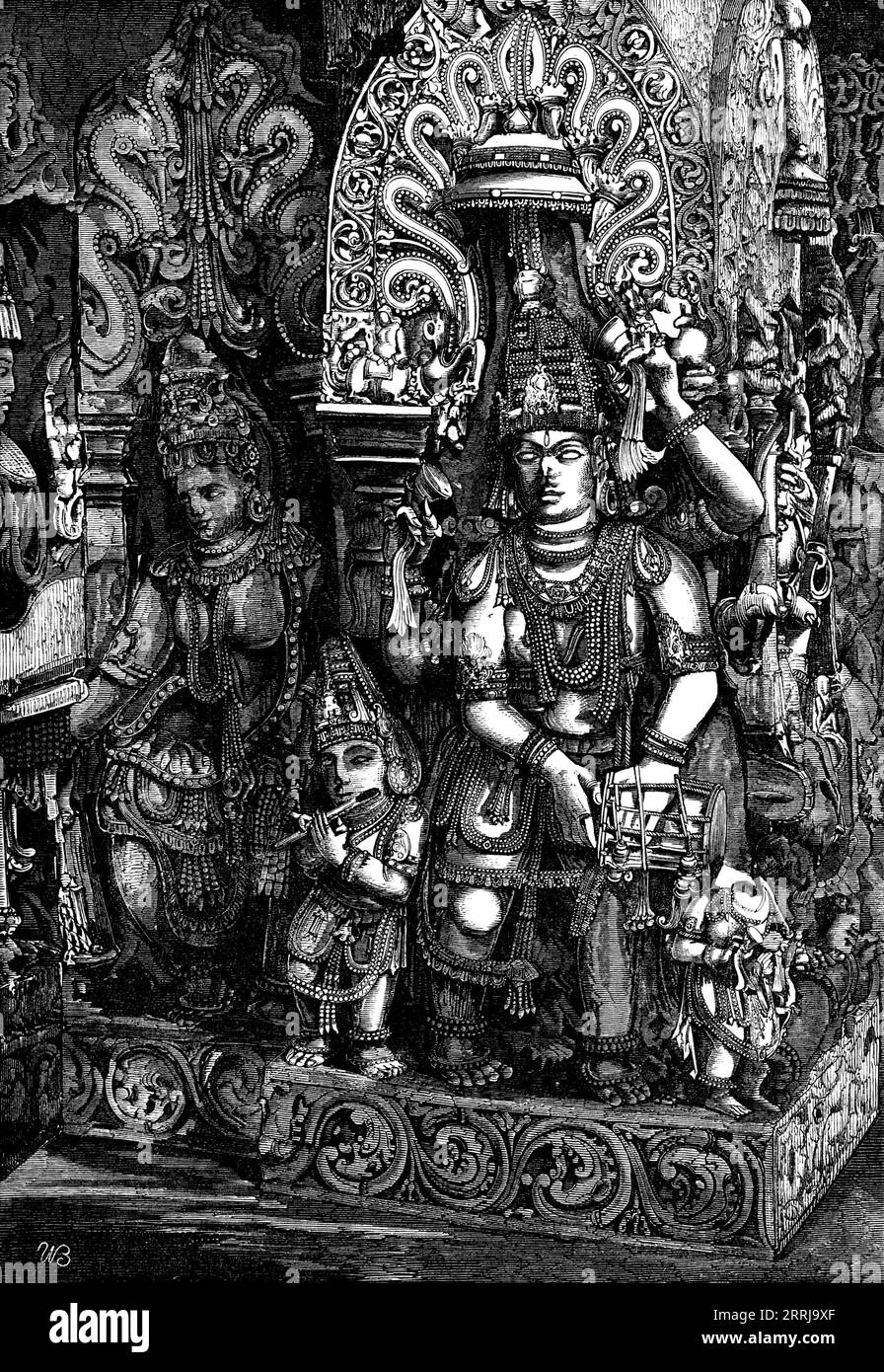 Indische Gottheiten - Suraswati, die Hindoo-Göttin des Lernens, der Musik und der Poesie, 1858. Sie wird immer bei den Trauungen der Brahmanen gerufen. Sie war die Ehefrau von Brahma, dem Schöpfer&#x2026;Sie wird auch Vachi, Lepita, Vani, Brahmi oder Brahmani genannt&#x2026;wenn ein Hindoo lügt oder Meineid begeht (zwei sehr häufige Ereignisse), macht er dieser Göttin eine Verpflegung und denkt, dass er in der Folge tadellos gehalten wird. In den heiligen Büchern der Hindoos wird das Erzählen von Unwahrheiten und das Tragen falscher Beweise als Tugenden empfohlen. Die Götter der Hindoos werden als lia dargestellt Stockfoto