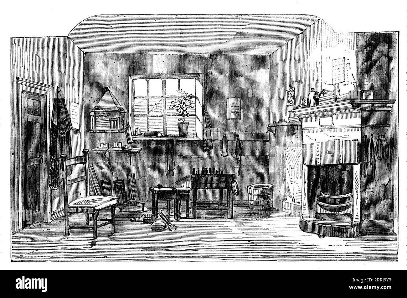 Sir Isaac Newtons Observatorium, St. Martin's Street, Leicester Square, [London], 1858. Das Innere des Hauses '...in, das dieser große Philosoph mehrere Jahre lang lebte... das bemerkenswerteste Merkmal in der Außenansicht ist eine quadratische Kammer, die auf der Oberseite des Hauses von Sir Isaac gebaut wurde, um dem Zweck eines observatory...in-A-Raumes im Obergeschoss zu dienen eine wertvolle Sammlung von Porträts und anderen Dingen, die Newtons Leben veranschaulichen. Oben gibt es verschiedene Pächter; und in der Sternwarte haben philosophische Instrumente und Bücher Platz für Stände und Geräte von einigen von ihnen gegeben Stockfoto