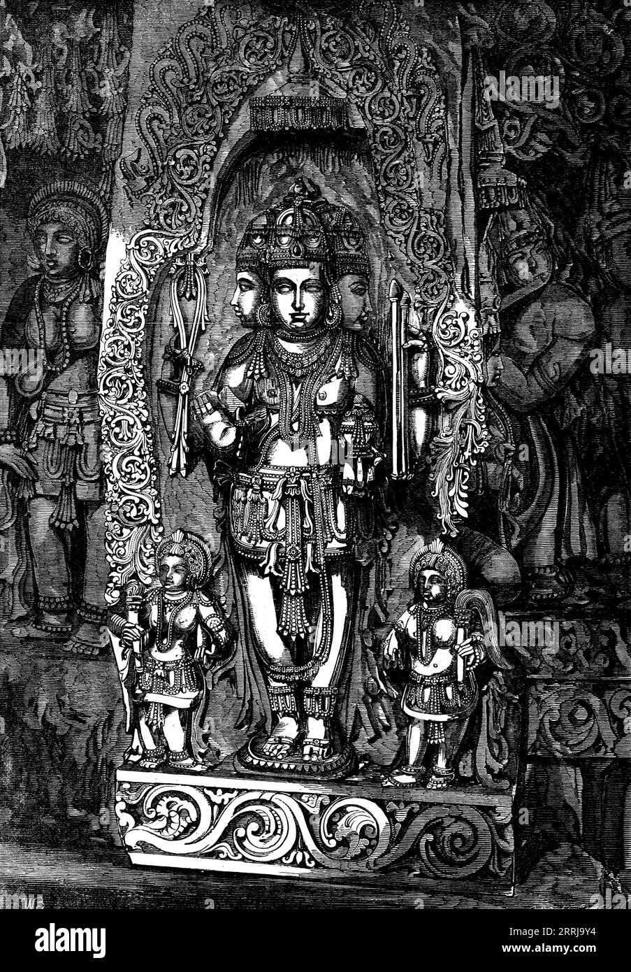 Indische Gottheiten - Trimurti; die Hindoo-Triade oder Dreiheit, 1858. Die zentrale Figur ist Brahma; rechts ist Siva; links ist Vishnu. Brahma, der Schöpfer; Vishnu, der Bewahrer; Siva, der Zerstörer - drei in einem - entstammte, nach Hindoo-Mythologie, Brahm, dem Allmächtigen, dem Einen Supremen Wesen, der vor allem existierte. Die Lehre der Dreifaltigkeit durchdringt alle Religionen. Sie findet sich in den drei Prinzipien der chaldäischen Theologie, im Triplasios Mithra von Persien, im Numen Triplix von Japan, in der Inschrift auf der Medaille in den Wüsten Sibiriens, „To the Triune Go Stockfoto