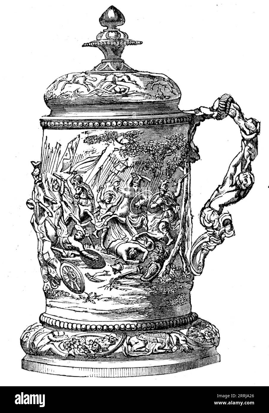 Goodwood Races - Goodwood Prize Cup - Battle between Alexander and Darius, 1858. Pferderenntrophäe... hergestellt von Mr. Hancock, aus Bruton-Street... die Form ist elegant, der Körper des Tankards schwellt in schönen Proportionen, kugelförmig in der Mitte, während er von einer Basis stammt, die den Umfang seines Zentrums durch eine hochentwickelte Fortsetzung des auf dem Becher selbst dargestellten Themas übertrifft... in hohem Relief ausgearbeitet, mit meisterhafter Hinrichtung... ist die Schlacht von Alexander und Darius...from Le Brun's große Bilder... die Figur von Alexander, der im Fu vorrückt Stockfoto