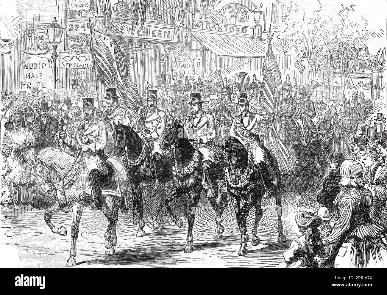 Eröffnung der American Centennial Exhibition: Die Metzgerprozession führt an der Chestnut-Street in Philadelphia vorbei, nach einer Skizze eines unserer Spezialkünstler, 1876. "...Handwerker und Gehilfen, alle ordentlich gekleidet in weißen Mänteln mit blauen Schärpen, gut gebürsteten Hüten mit ihren Abzeichen und gut schwarzen Stiefeln; die meisten von ihnen waren feine, große, mürrische Männer, die gute Pferde reiten... das Black Hussar Band von achtzehn Künstlern, gut bestückt, führte die erste Division oder Kavallerie; dann kam Becks Band, die einen sechs-Pferde-Omnibus füllte, mehr Reiter und eine lange Linie von vier und zwei Pferdebarouches. Ein Auto Stockfoto