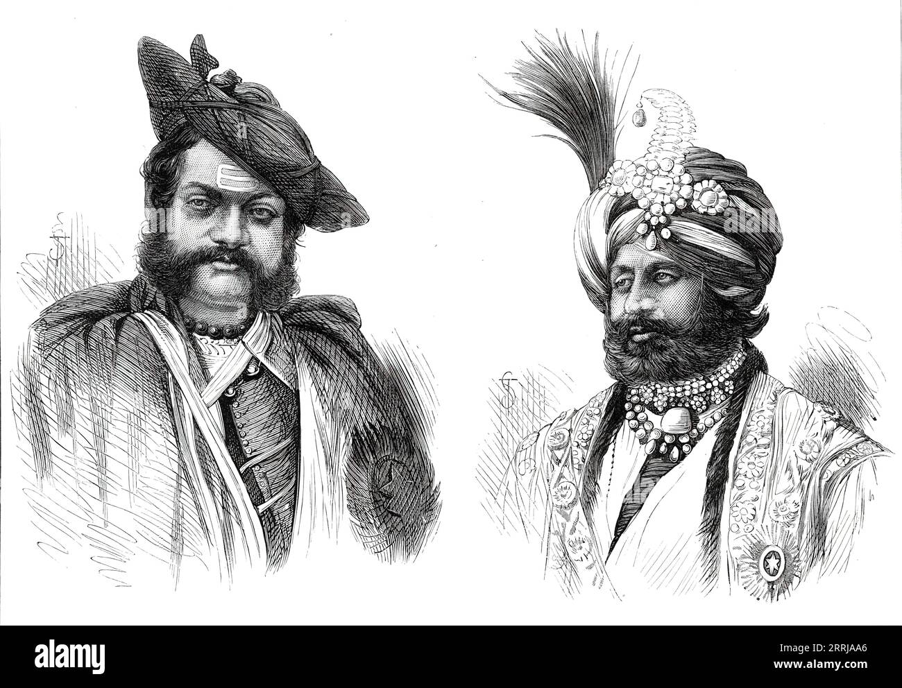 Der Maharajah Scindia von Gwalior; der Maharajah von Kaschmir, 1876. "Es ist zu beachten, dass die Mahratta-Potentaten Westindiens jetzt wertvolle Verbündete der britischen Regierung sind. Scindia wurde im Sepoy-Krieg von 1858 durch eine Rebellion unter der Führung von Tantia Topee und der Ranee oder Dowager Princess of Jhansi auf Betreiben von Nana Sahib gestürzt. Er wurde von den Briten unter Sir Hugh Rose, dem heutigen Lord Strathnairn, restauriert, der die Felsenfestung von Gwalior stürmte. Aus Illustrated London News, 1876. Stockfoto