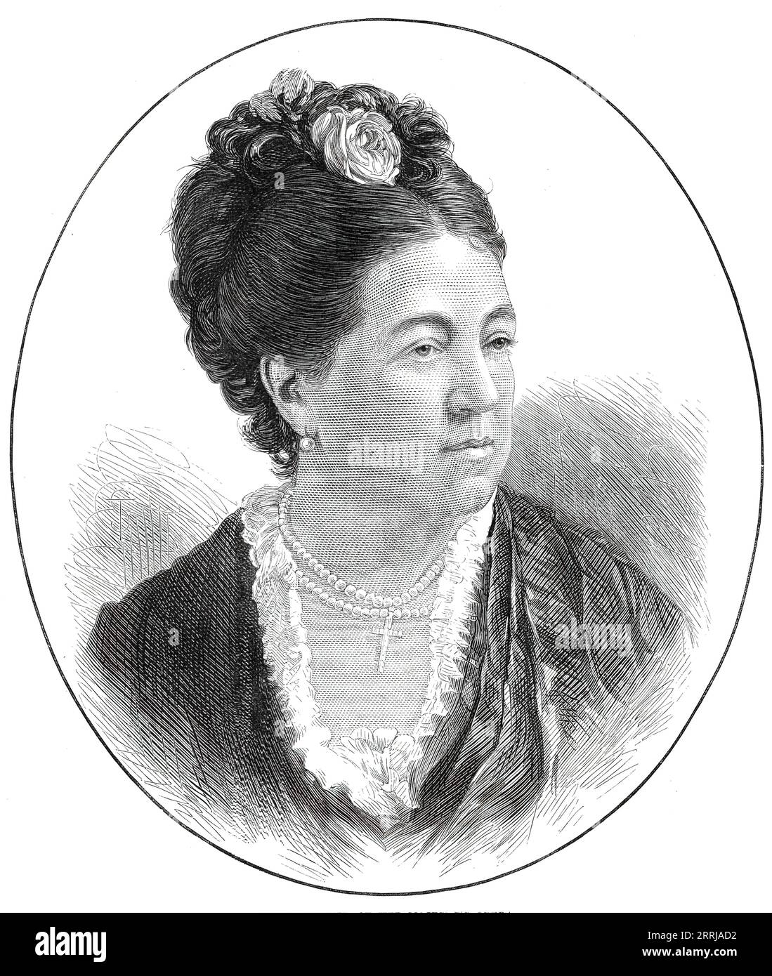 Mdlle. Titiens, Oper Ihrer Majestät, 1876. Kupferstich einer deutschen Opernsängerin Therese Tietjens, von einem Foto von R. Mora, Broadway, New York. "Die jüngste Rückkehr von Mdlle. Titiens nach England hat die enthusiastischste Anerkennung für die Schätzung hervorgebracht, in der sie hier gehalten wird, wie jedes ihrer Wiederauftritte an der Oper Ihrer Majestät bezeugt. Am 2. Mai sang diese große Künstlerin als „Semiramide“ zum ersten Mal nach ihrer Abwesenheit in Amerika, wo ihre schönen Aufführungen goldene Meinungen in verschiedenen Orten und von vielen kompetenten Kritikern gewonnen hatten. Bei ihren Wiederholungen von Th Stockfoto
