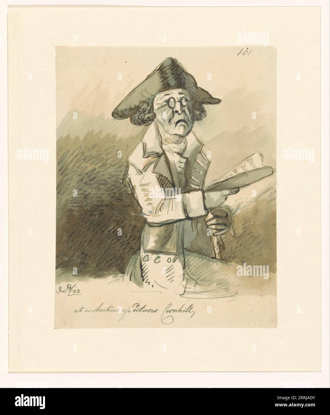 Bei einer Auktion von Pictures Cornhill, 1792. Ein Mann mit Brille und Tricorne-Hut, ein Katalog in der Hand, bei einer Gemäldeauktion. Stockfoto