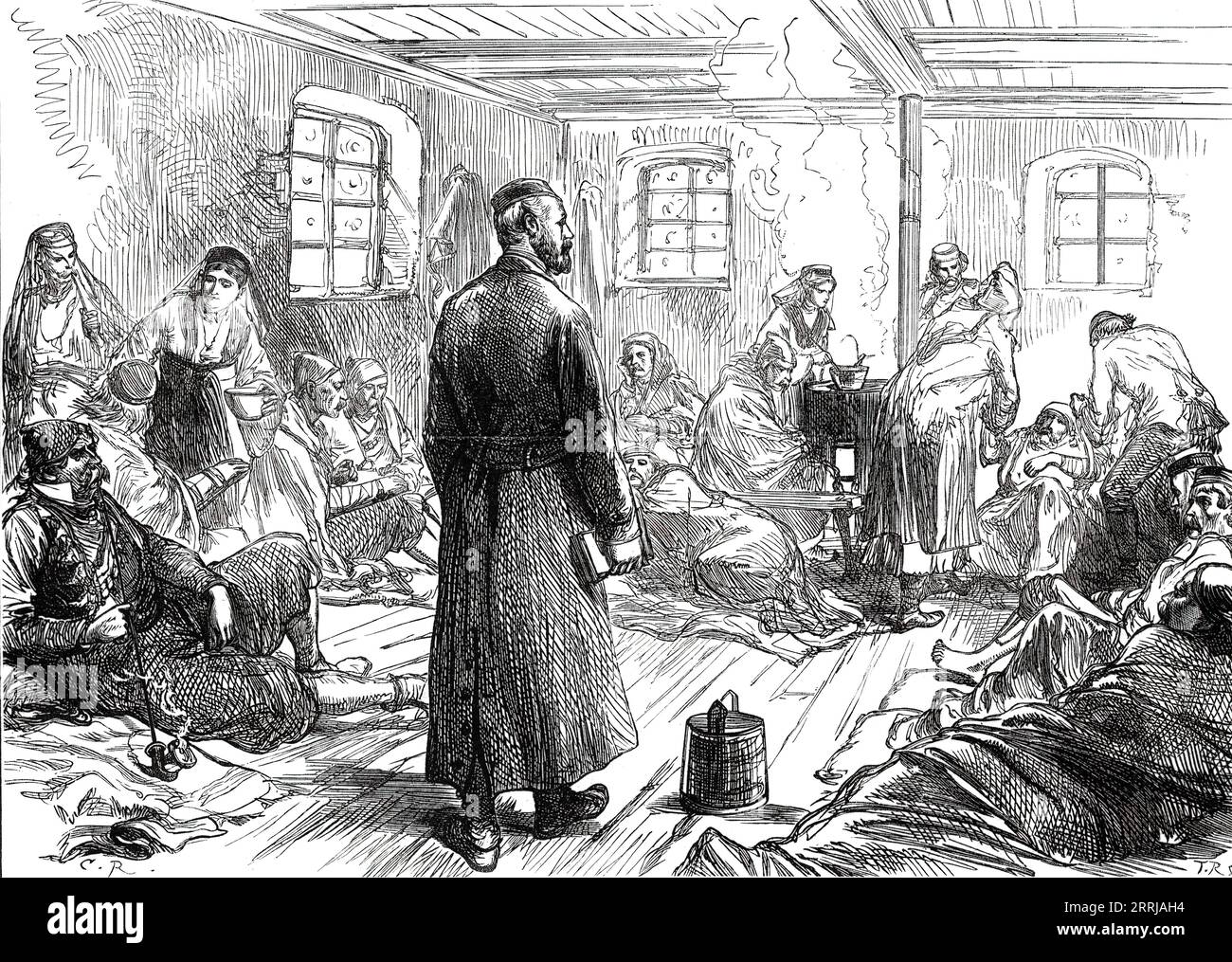 Eine Reise in die Herzegowina: Insurgent Hospital in Grahovo, 1876. "...die tapferen, wenn auch barbarischen Bergsteiger in den Hochländern der Adriaküste verdienen die englische Sympathie... die freundlichsten, effektivsten, und das einfachste Maß an Erleichterung ist, die gesamte Bevölkerung - etwa gleich einer Londoner Gemeinde - nach Neuseeland zu bringen... die Kolonialregierung würde eine Million Pfund für die Kosten ihrer Aufnahme und Ansiedlung gewähren, und sie könnten ein paar tausend Quadratkilometer jungfräuliches Land haben... sie würden darüber hinaus als eine harte und mühsame Rasse der Bauernschaft, brin Stockfoto