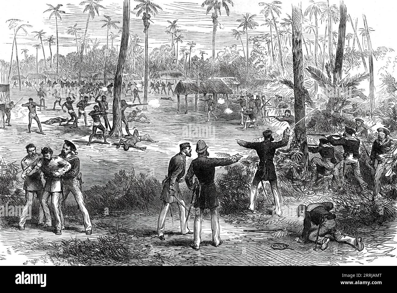 Konflikt zwischen den Eingeborenen von Samoa und der Besatzung von H.M.S. Barracouta, 1876. Gravur nach einer Skizze von Assistant Paymaster Rudge. Der König, Captain Stevens, die Konsuln und die freundlichen Häuptlinge, begleitet von einer Ehrengarde von der Barracouta...proceeded bis Mulininu, unterleutnant Ommanney berichtete, dass bewaffnete Eingeborene durch den Busch zogen. Der Captain schickte sofort Anweisungen an den Oberleutnant, um sie abzufangen. So wenig wurde ein feindliches Vorgehen erwartet, dass bis zu diesem Zeitpunkt die Geschütze der Marineinfanteristen nicht geladen wurden. Leutnant M'Leod ist durchgedrungen Stockfoto