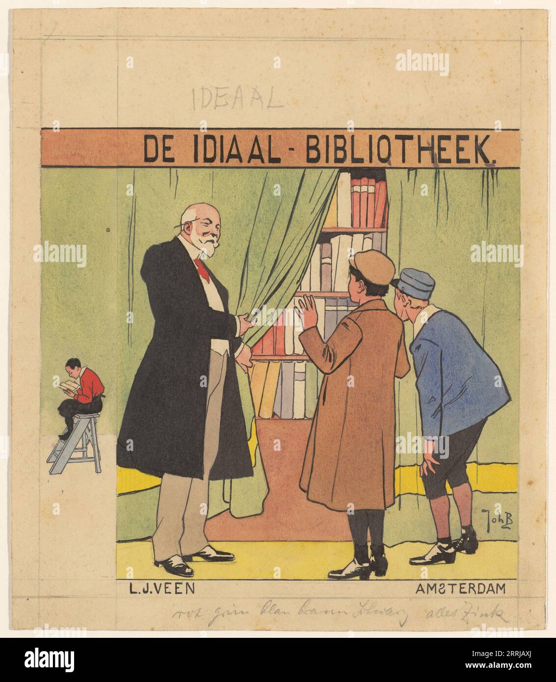 Buchcover-Design für die Serie: „The ideal Library“ des Verlags L.J. Veen, 1914 oder früher. Ein Mann in einem Mantel zieht einen Vorhang zur Seite und zeigt zwei Jungen das Buch, das dahinter liegt. Auf der Wirbelsäule liest ein Junge auf Bibliotheksstufen. Stockfoto