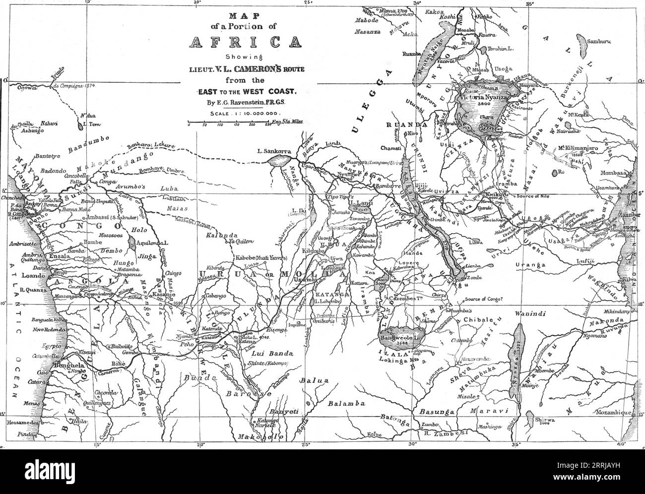 Karte eines Teils Afrikas mit Lieut. V.L. Camerons Route vom Osten zur Westküste, 1876. "Eine Karte der gesamten Breite Afrikas, vom Indischen Ozean bis zum Atlantik... sie zeigt vollständig die afrikanische Seenregion, eines der bemerkenswertesten geografischen Merkmale der Welt... Cameron hat einen dieser Seen, den Tanganjika, die Burton und Speke als erste von der Ostküste aus erreichten, und die nördlichen Teile wurden von Livingstone und Stanley befahren. Er hat außerdem gezeigt, dass diese Tanganjika einen Fluss nach Westen ableitet und damit die Siedlung der besiedelt hat Stockfoto