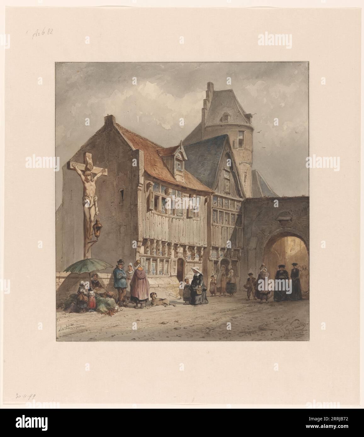 Straße in Antwerpen, 1833-1892. Straßenverkäufer links unter einem Kruzifix. Stockfoto