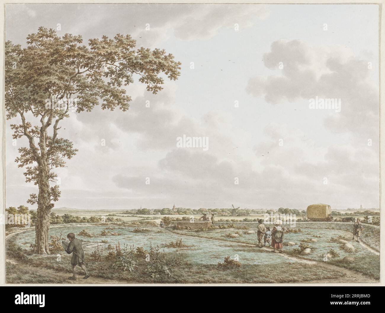 Landschaft mit Tafelberg, vom Sint-Janskerkhof bei Laren aus gesehen, um 1795. Im 17. Jahrhundert wurde auf dem Tafelberg, einem künstlich angelegten Hügel, hier in der Entfernung links ein Steinrichtentisch aufgestellt. Stockfoto