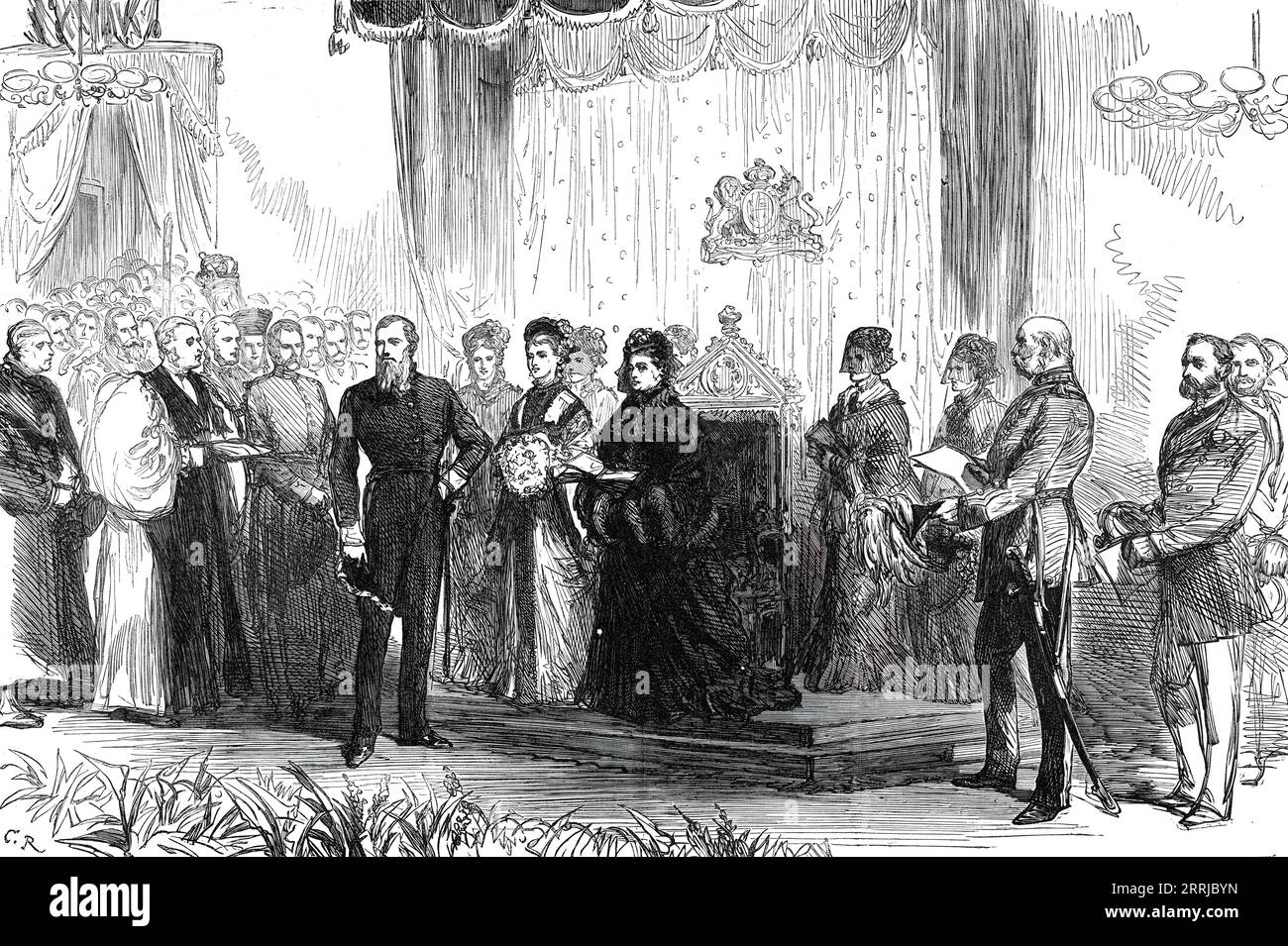 The Royal Visit to the East End: The Queen erklärt den neuen Flügel des London Hospital Open, 1876. "Der Duke of Cambridge, Präsident des Krankenhauses, der Erzbischof von Canterbury, der Bischof von London und die Vizepräsidenten und Schatzmeister des Krankenhauses, zusammen mit dem Lord Mayor und Sheriffs, und der Secretary of State für das Innenministerium wartete darauf, die Königin zu empfangen. die Ansprache der Gouverneure wurde dann Ihrer Majestät vom Herzog von Cambridge als Präsident übergeben. und in diesem Dokument wurde besonders auf die fast beispiellose Reaktion auf die App hingewiesen Stockfoto